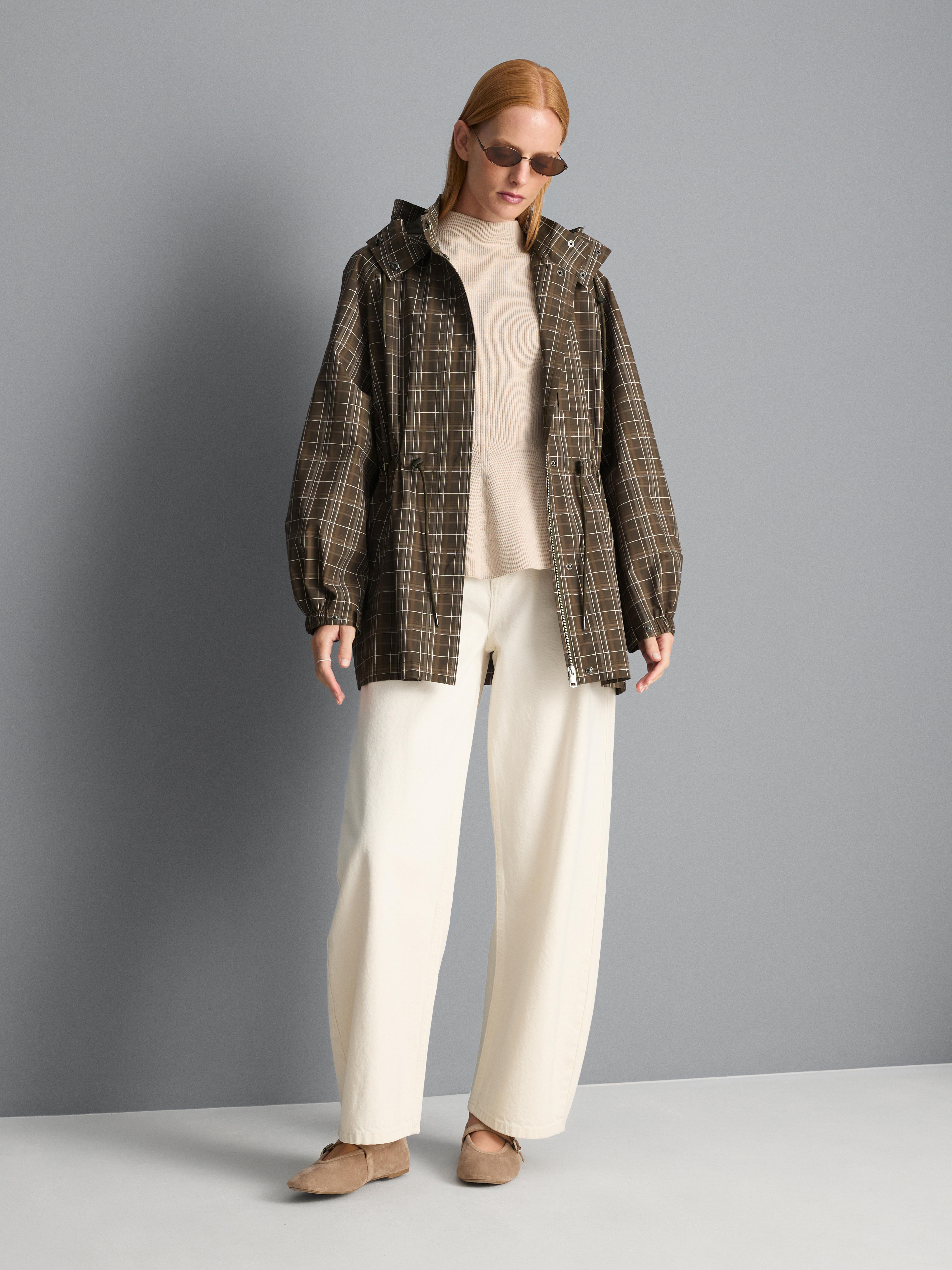 Check Hooded Raincoat - Olive