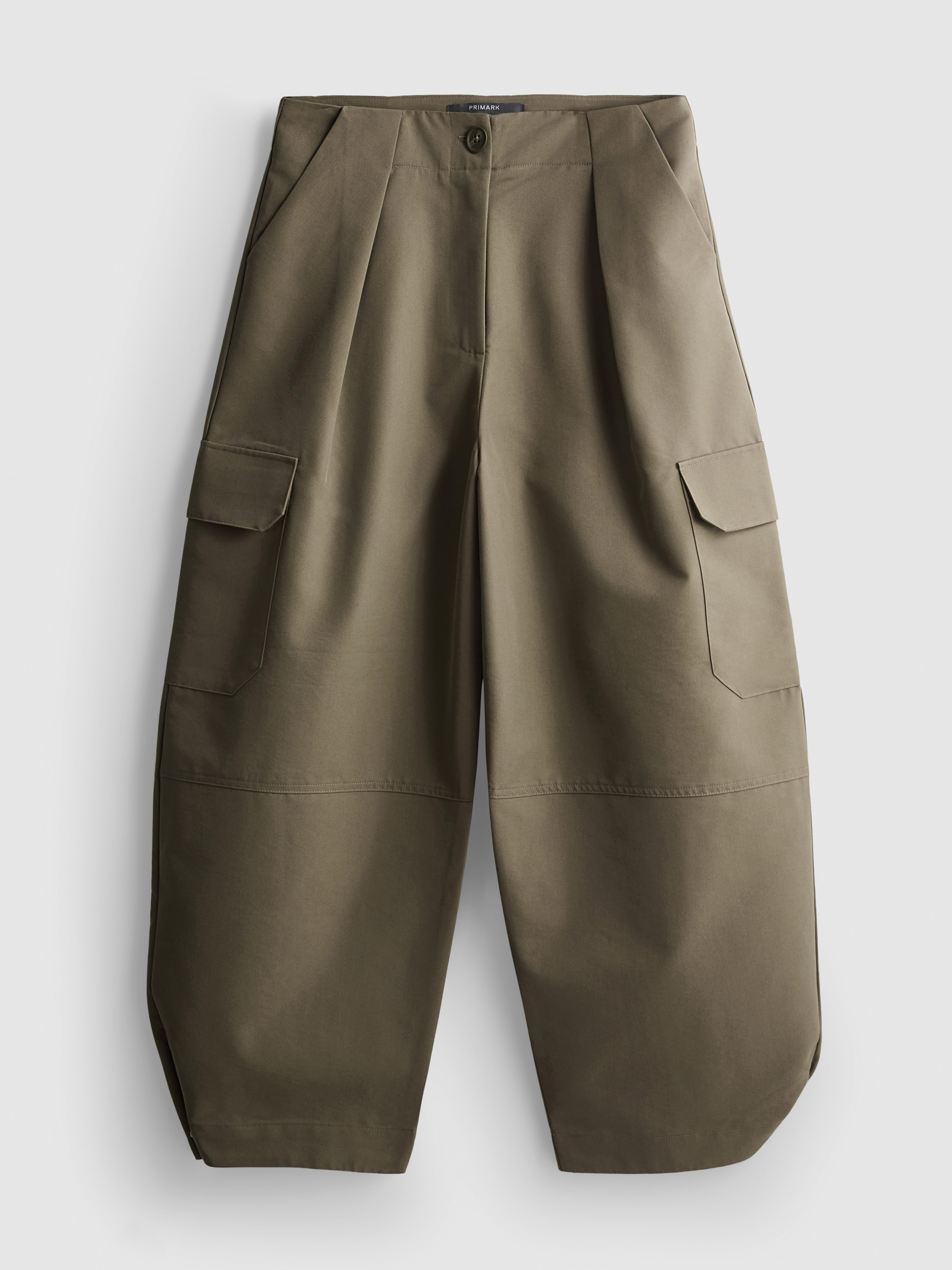 Cotton Blend Barrel Leg Cargo Pants - Olive