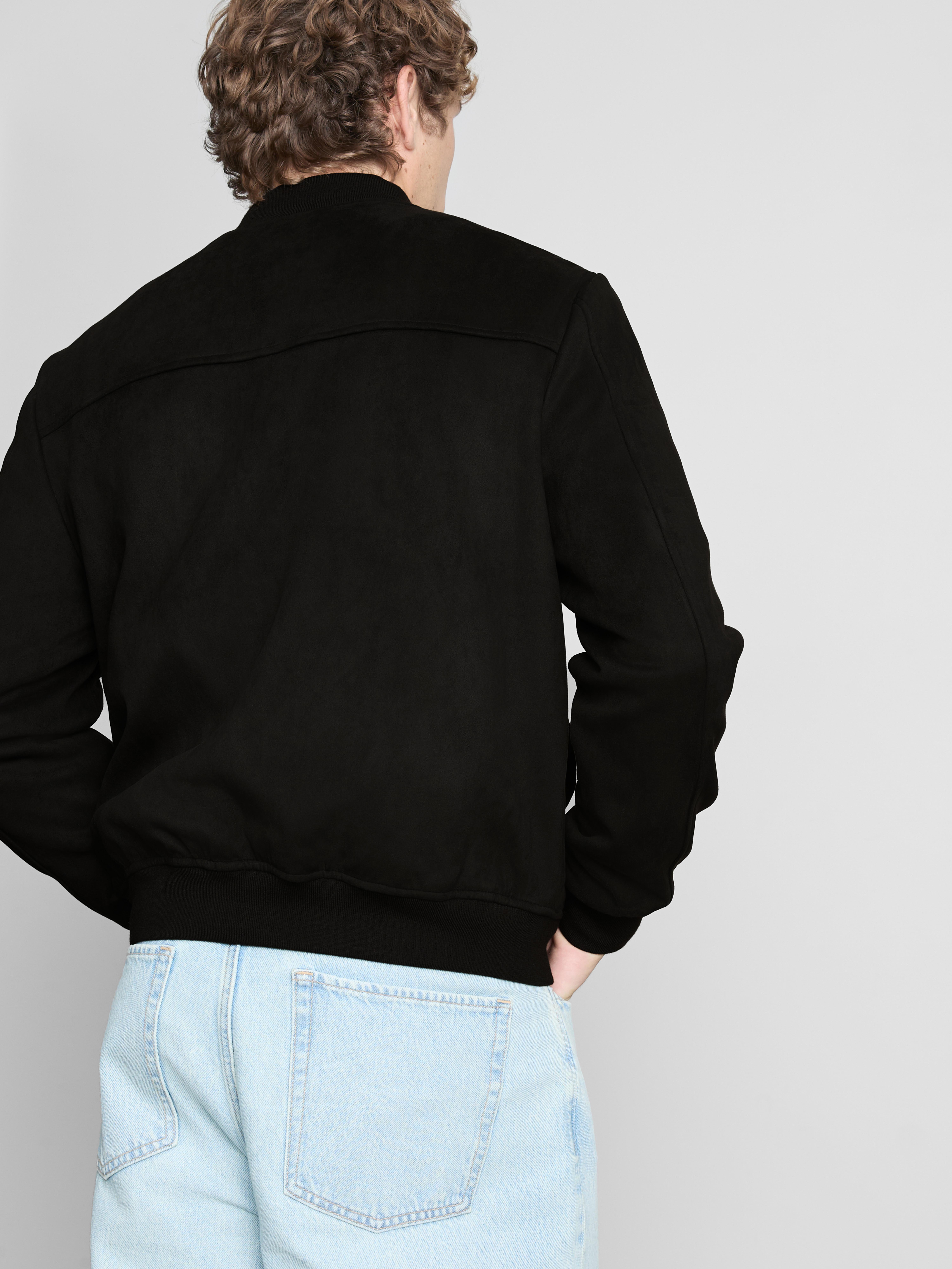 Faux Suede Zip-Up Bomber Jacket - Black