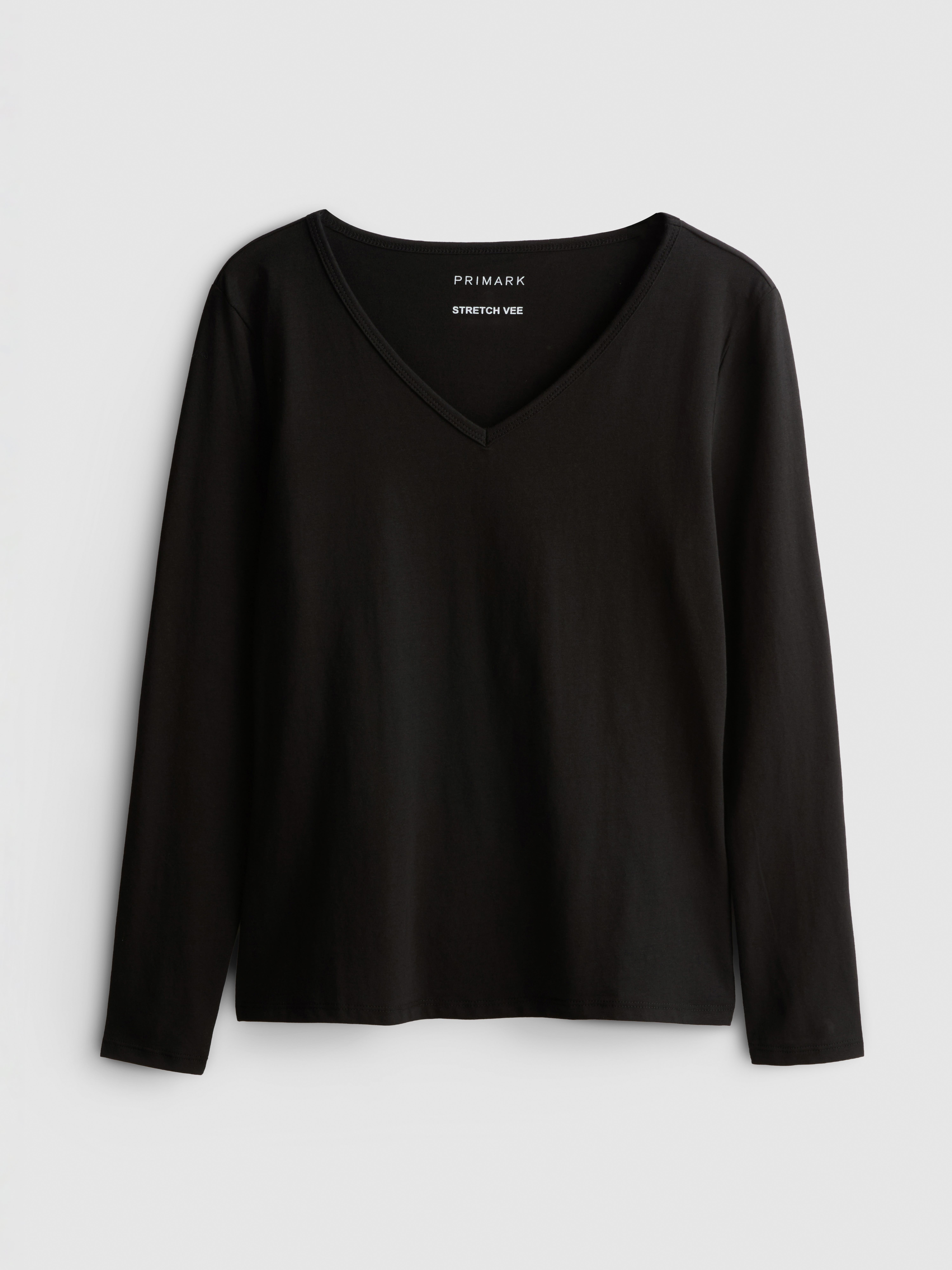 Cotton-Rich Long-Sleeve V-Neck Stretch Top - Black