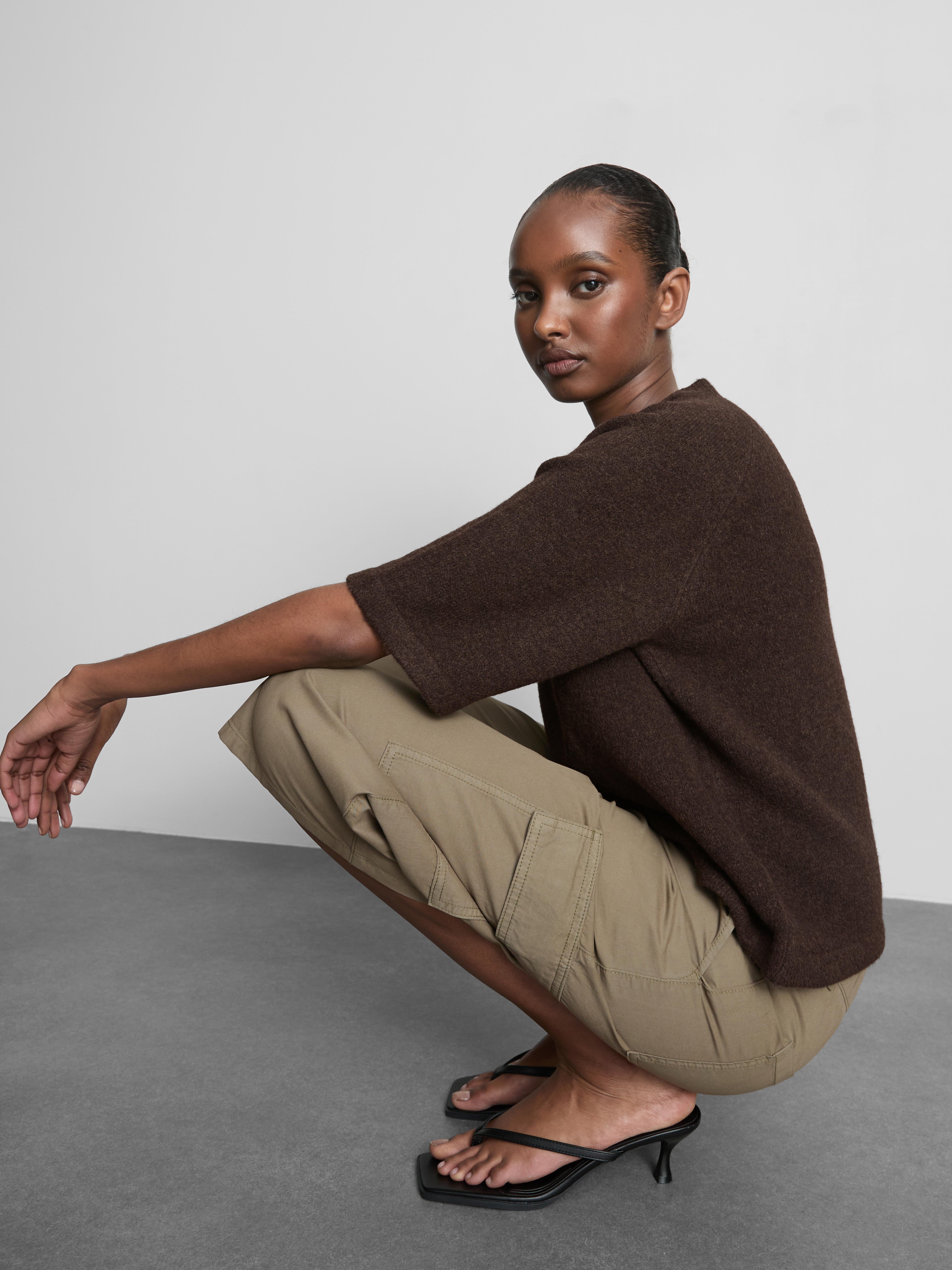 Wool-Blend Knitted Boxy T-Shirt - Chocolate