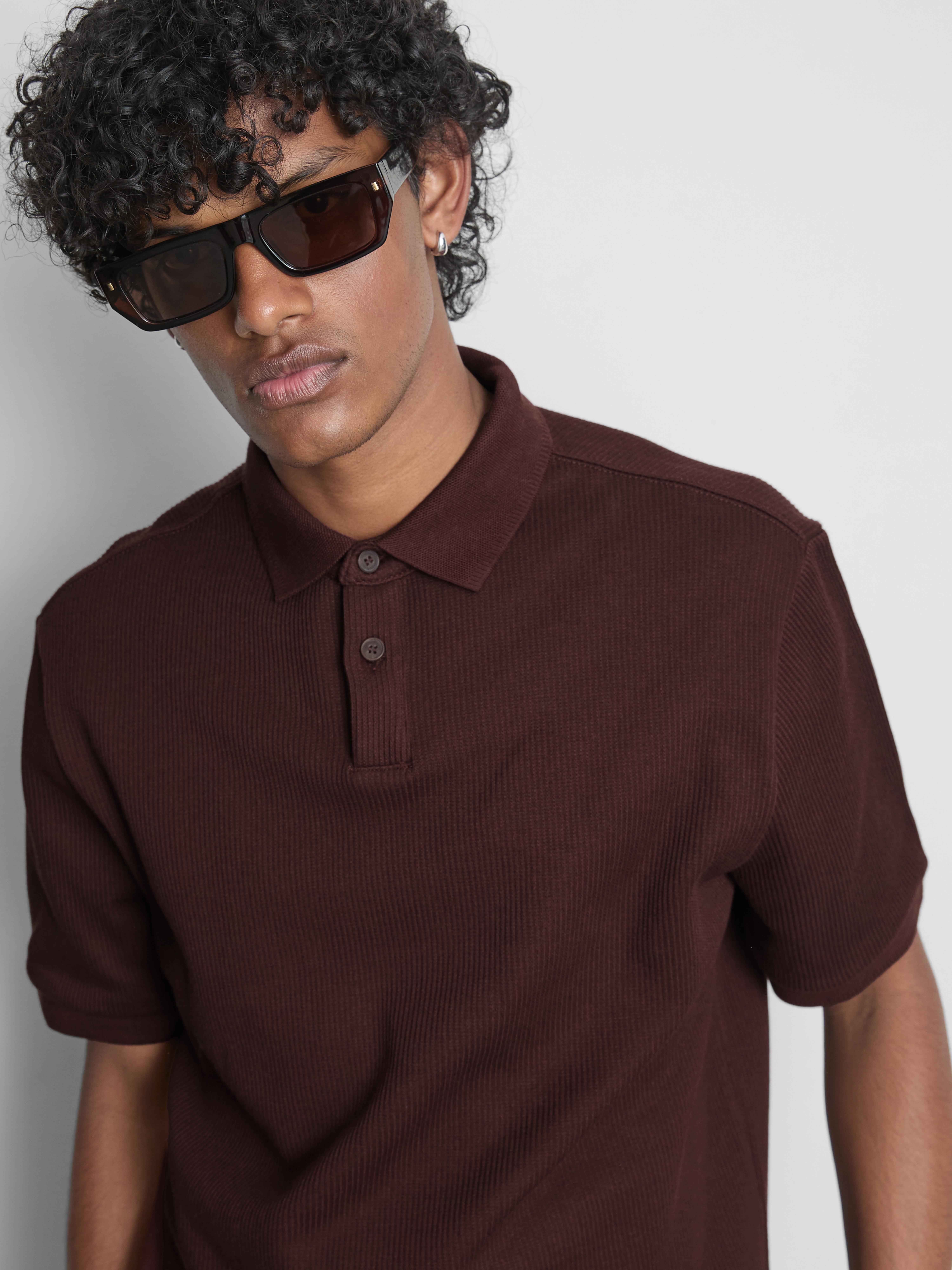 The Edit Ribbed Polo Shirt - Burgundy