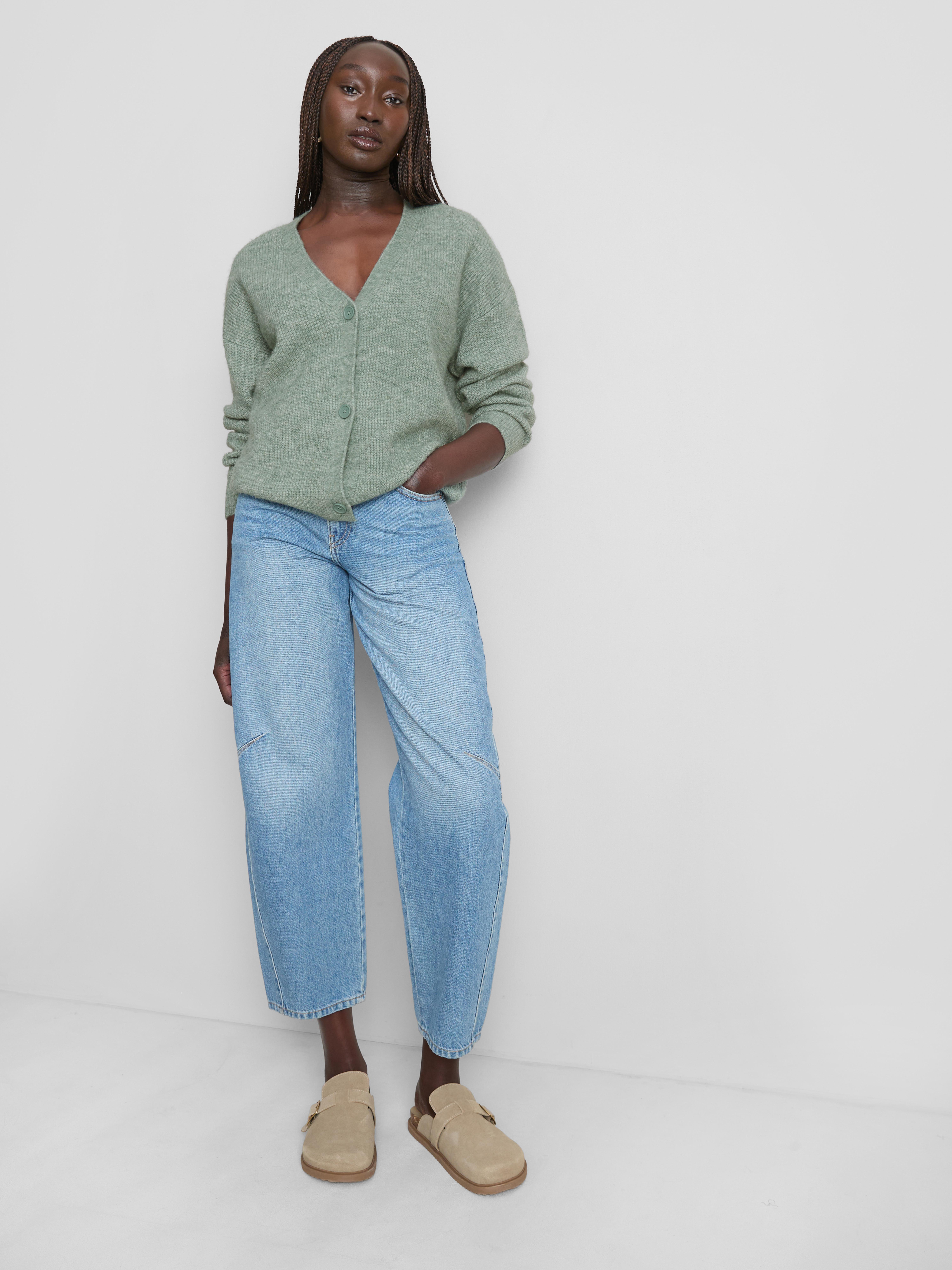 Soft Rib V-Neck Cardigan - Green