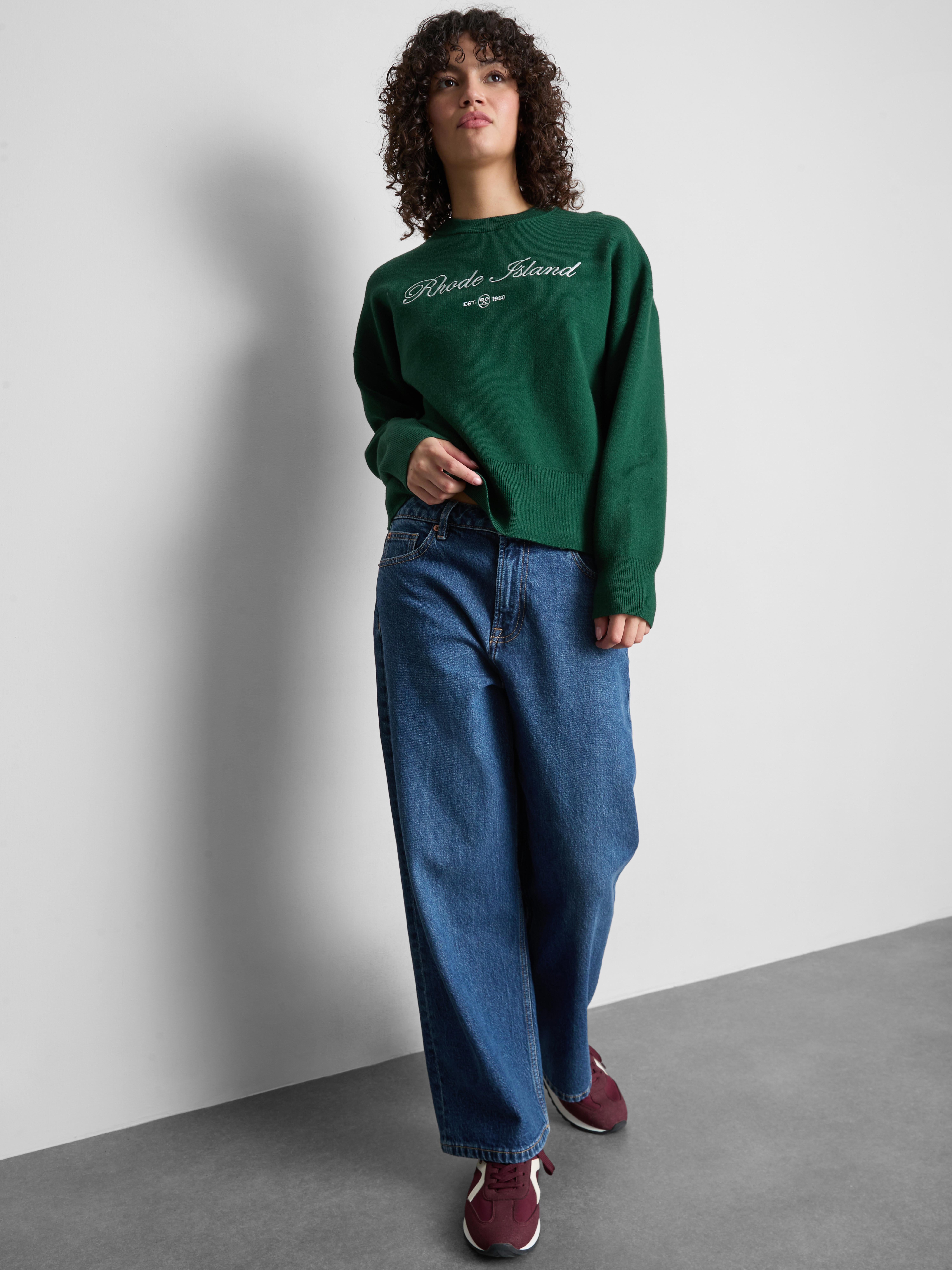 Knitted Crewneck Slogan Sweater - Green