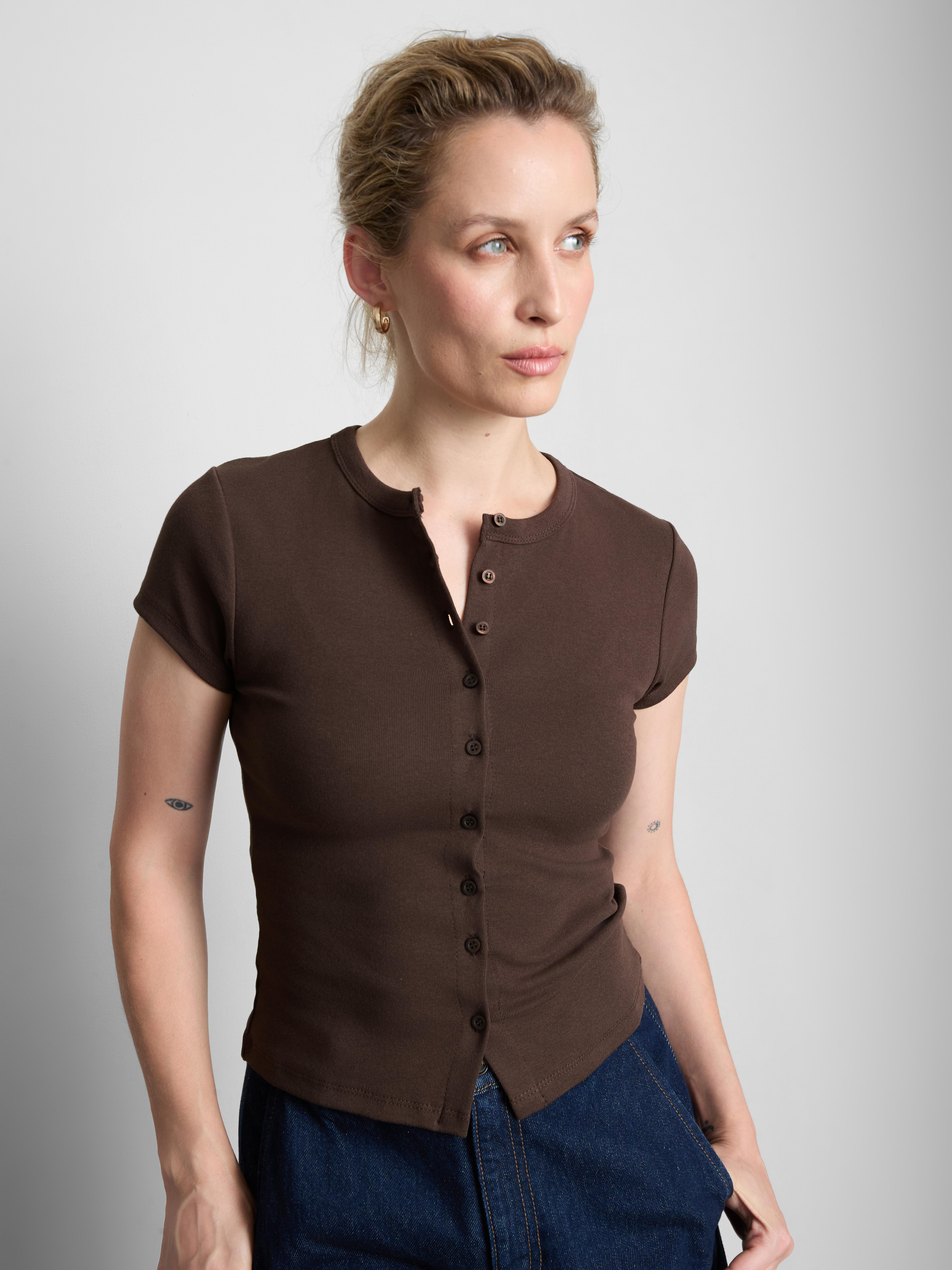 Cotton Rich Button-Up T-Shirt - Chocolate