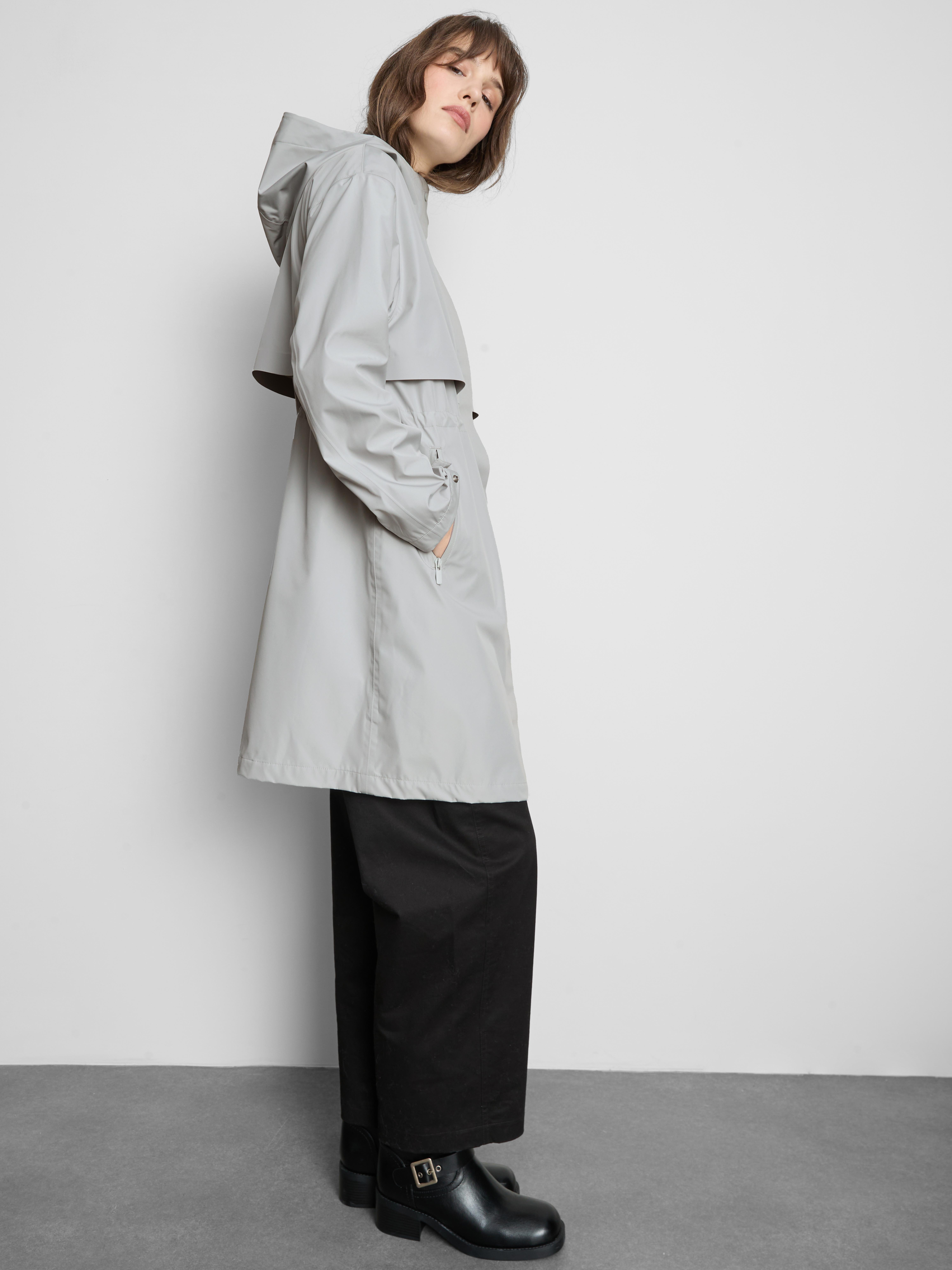 Cinch Detail Longline Raincoat - Light Gray
