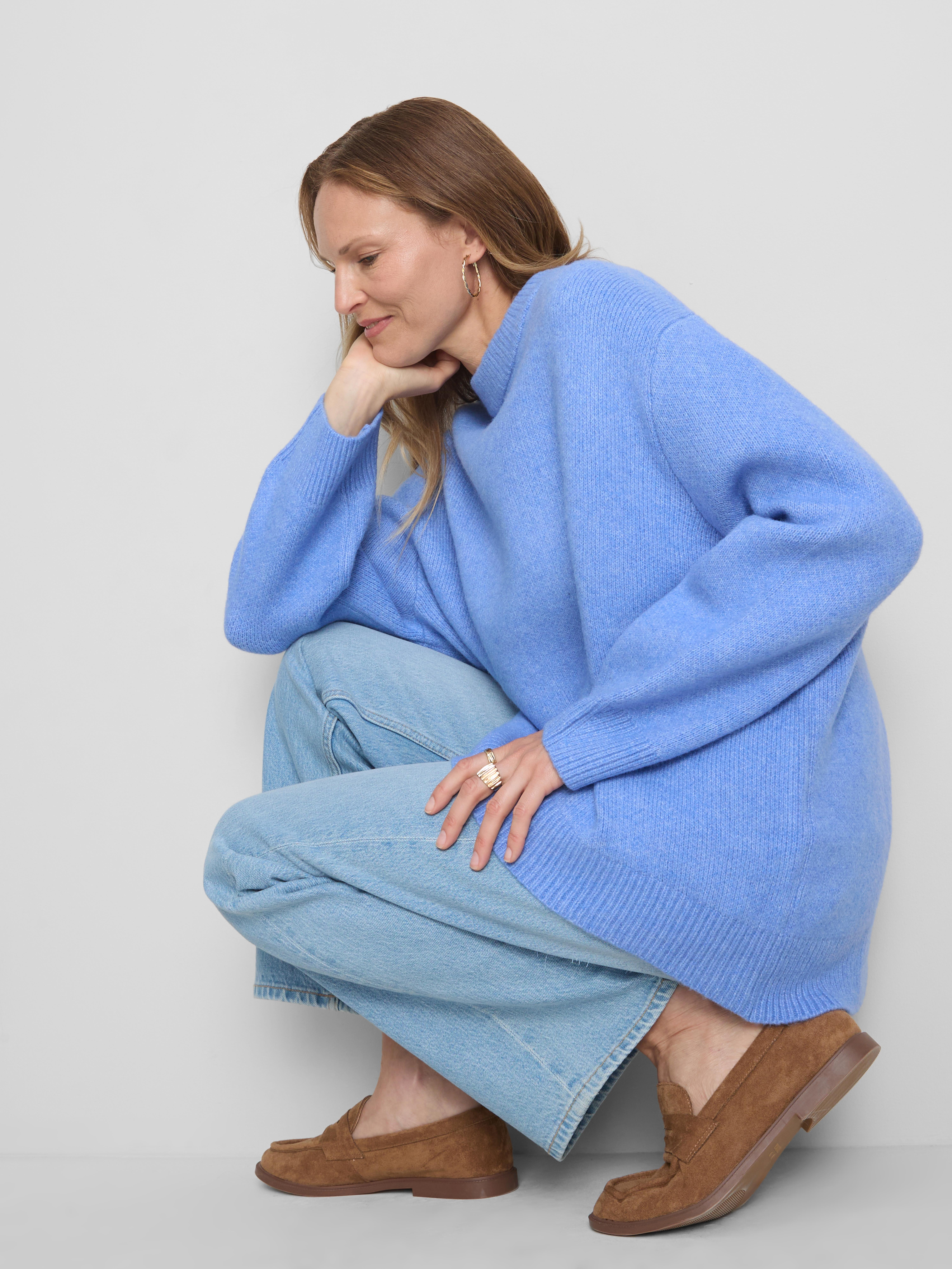 Wool Blend Oversized Crew Neck Sweater - Blue