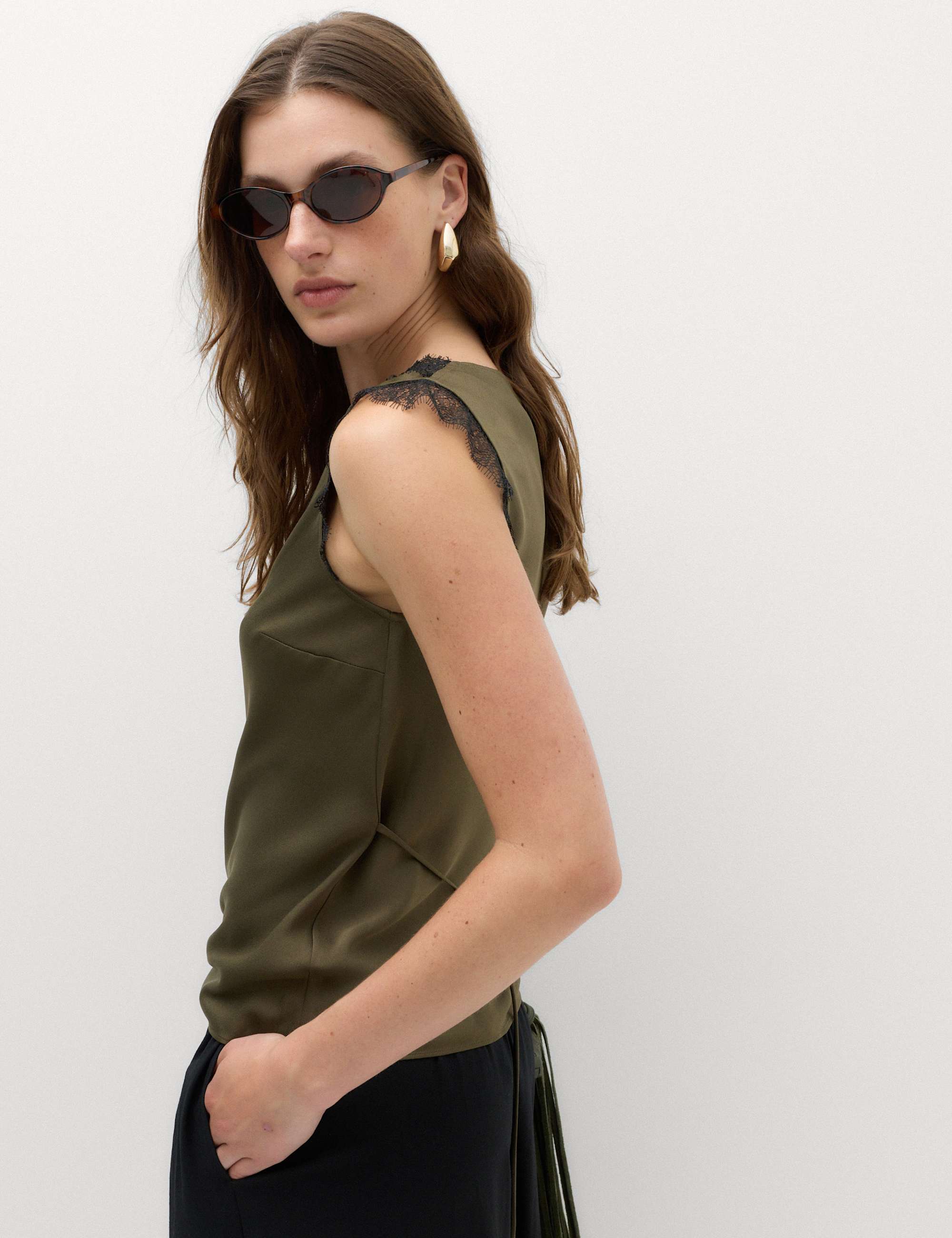 Satin V-Neck Lace Insert Cami Top