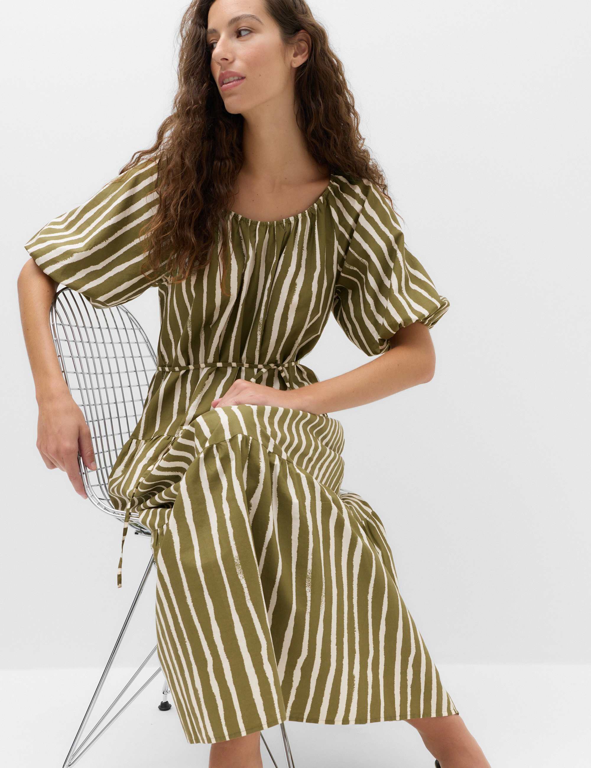 Pure Cotton Printed Midi Waisted Dress
