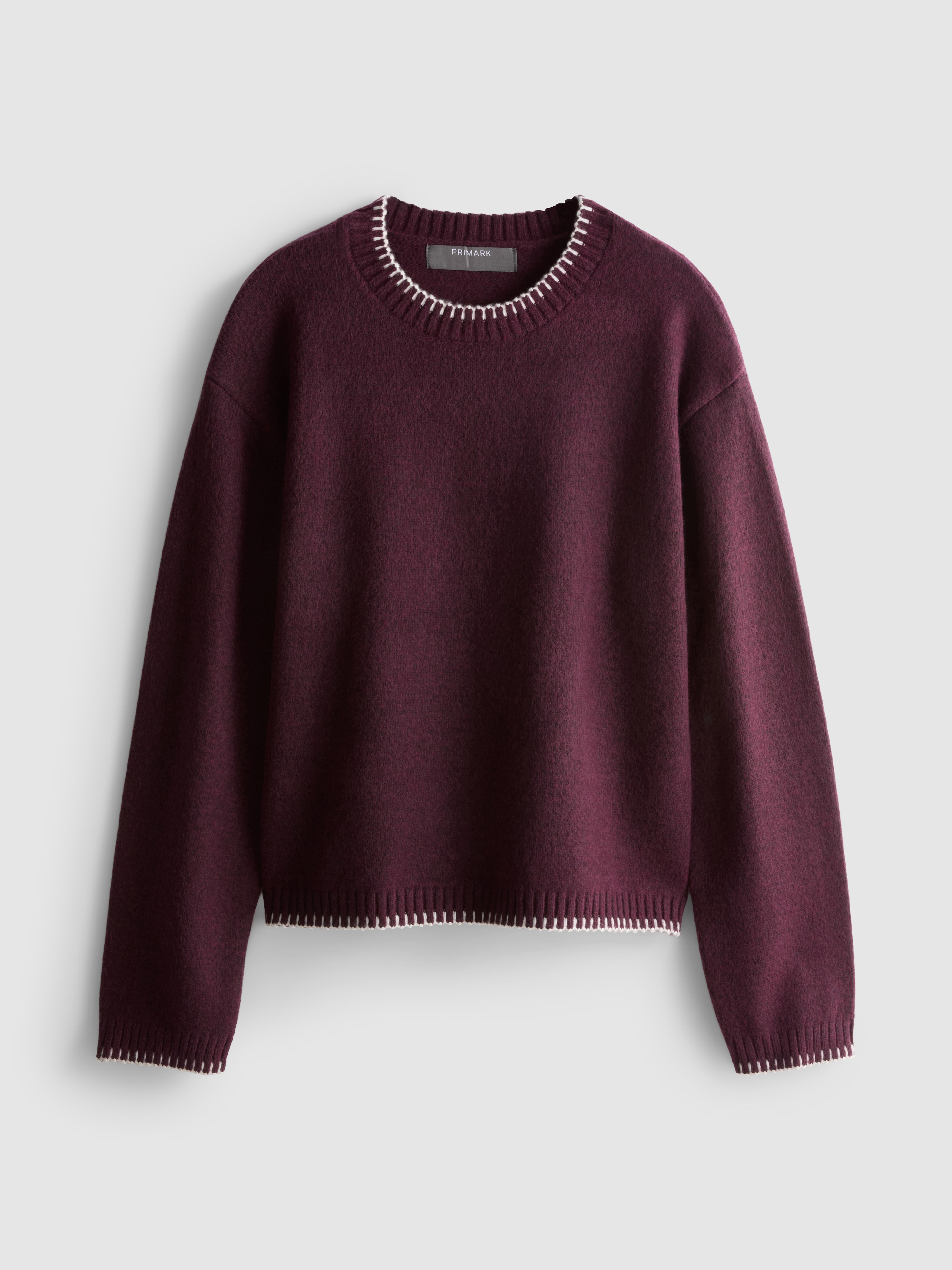 Knitted Stitch-Detail Crewneck Sweater - Burgundy