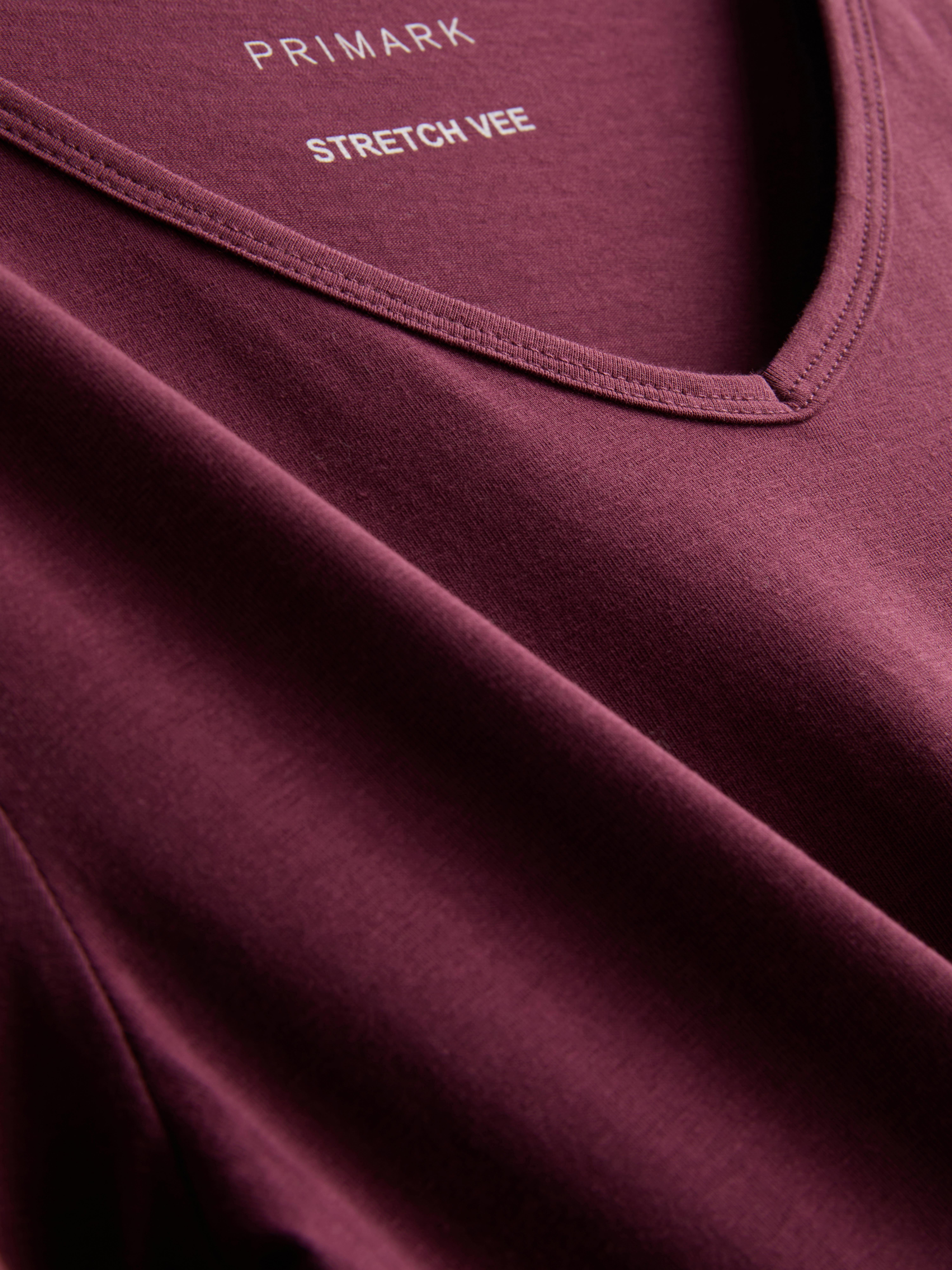 Cotton-Rich Long-Sleeve V-Neck Stretch Top - Burgundy