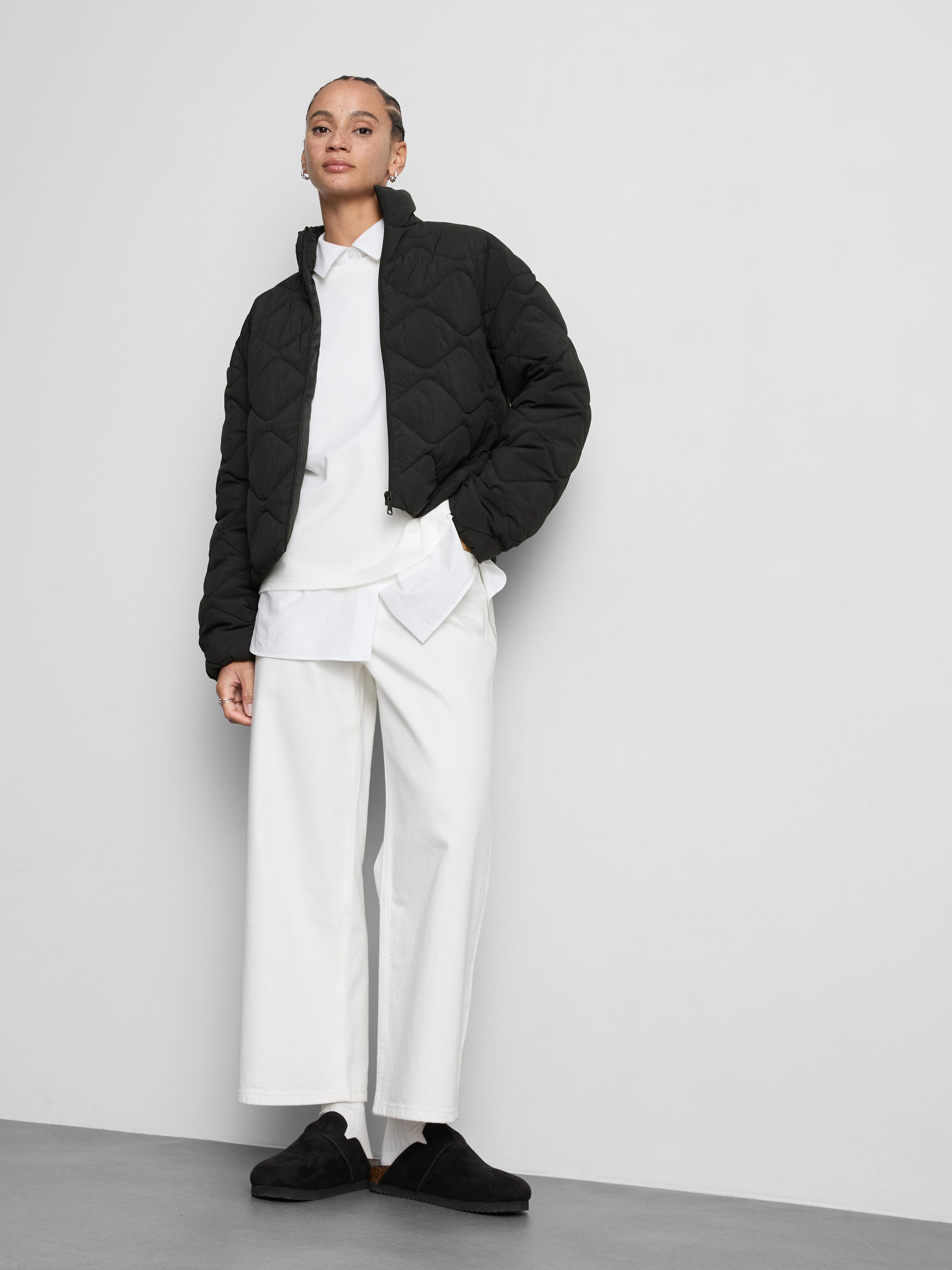 Quilted Funnel Neck Jacket - Black