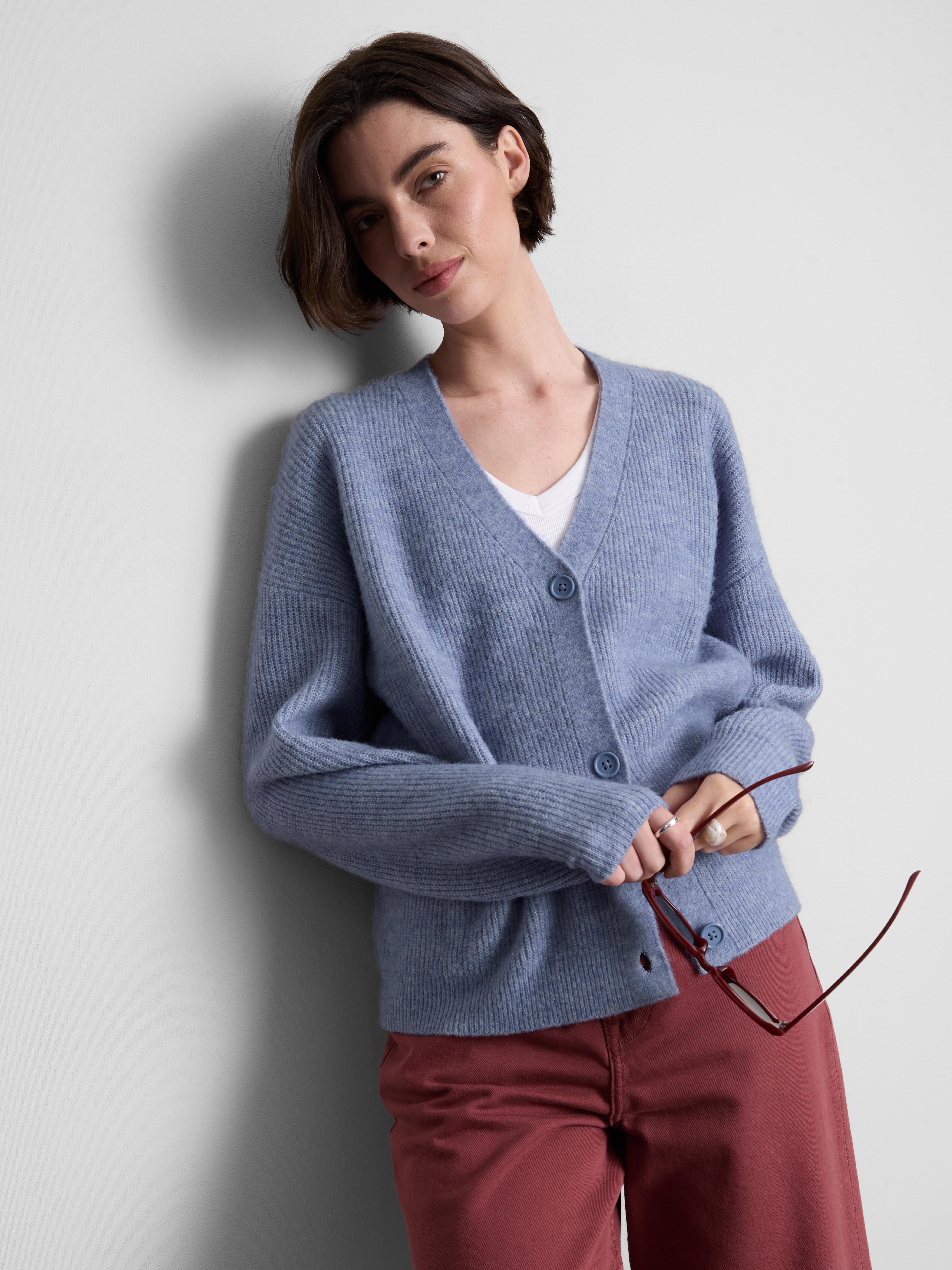 Soft Rib V-Neck Cardigan - Blue