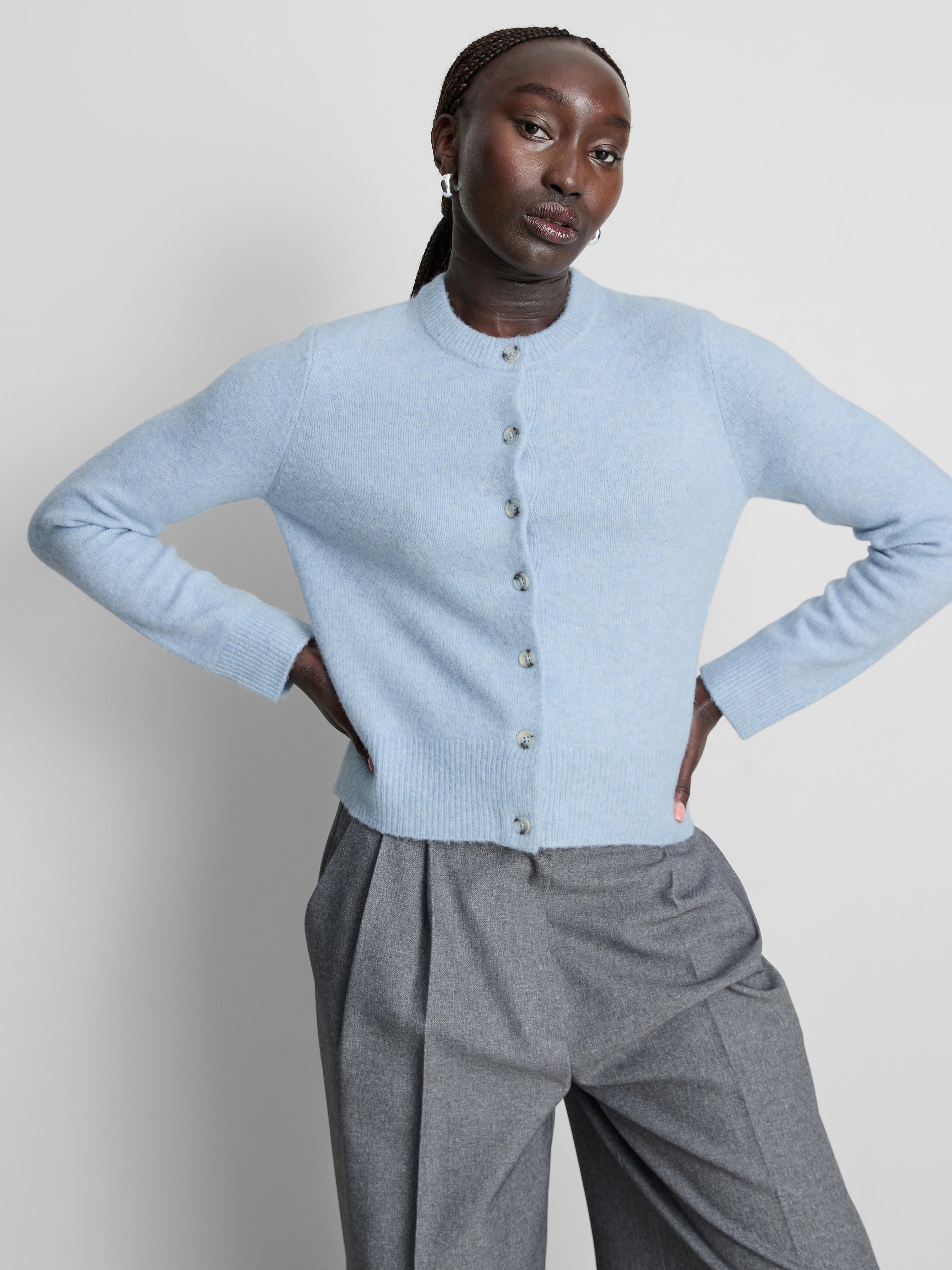 Essential Knitted Crewneck Cardigan - Light Blue
