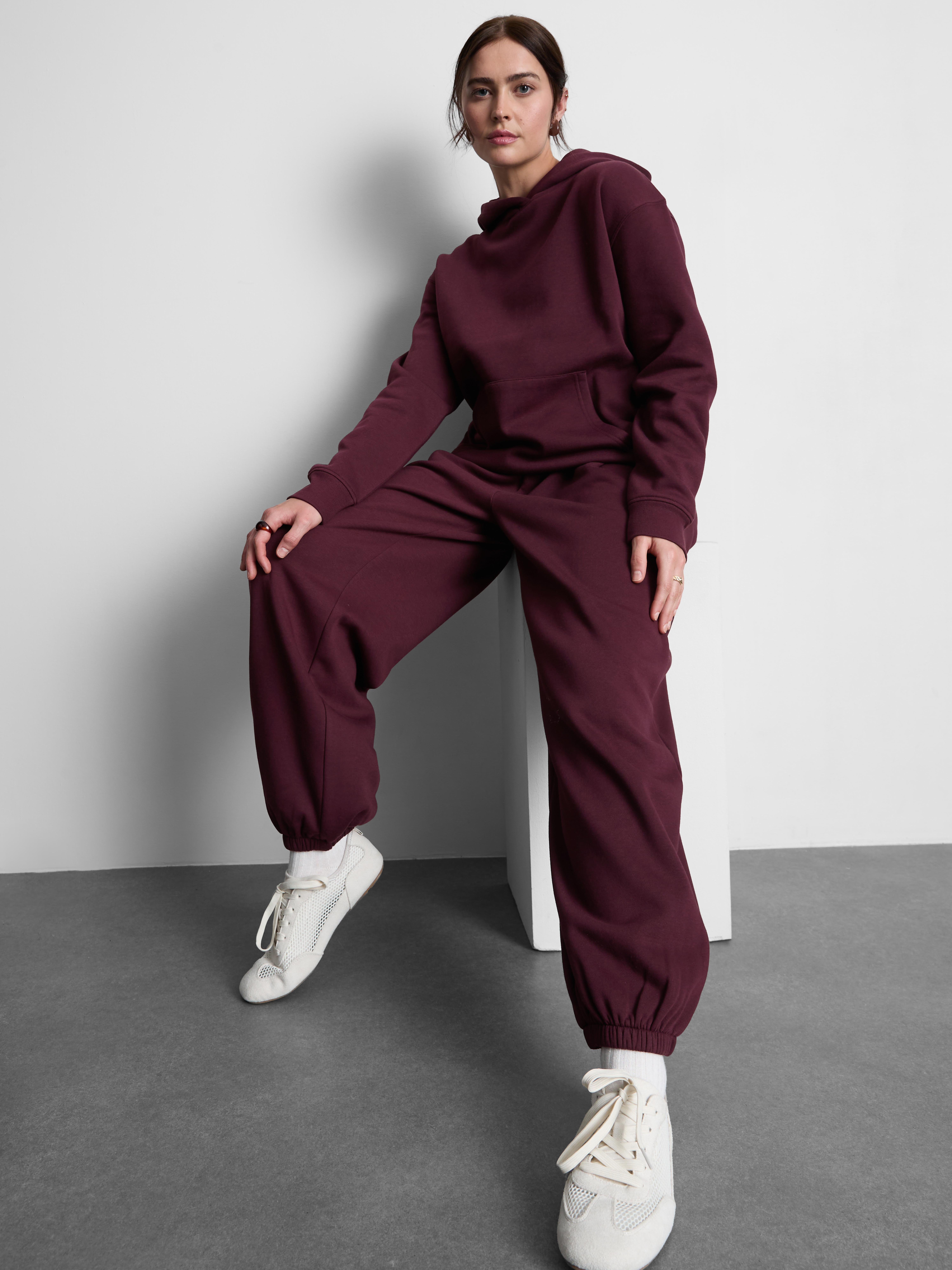 Cotton Blend Cuffed Joggers - Burgundy