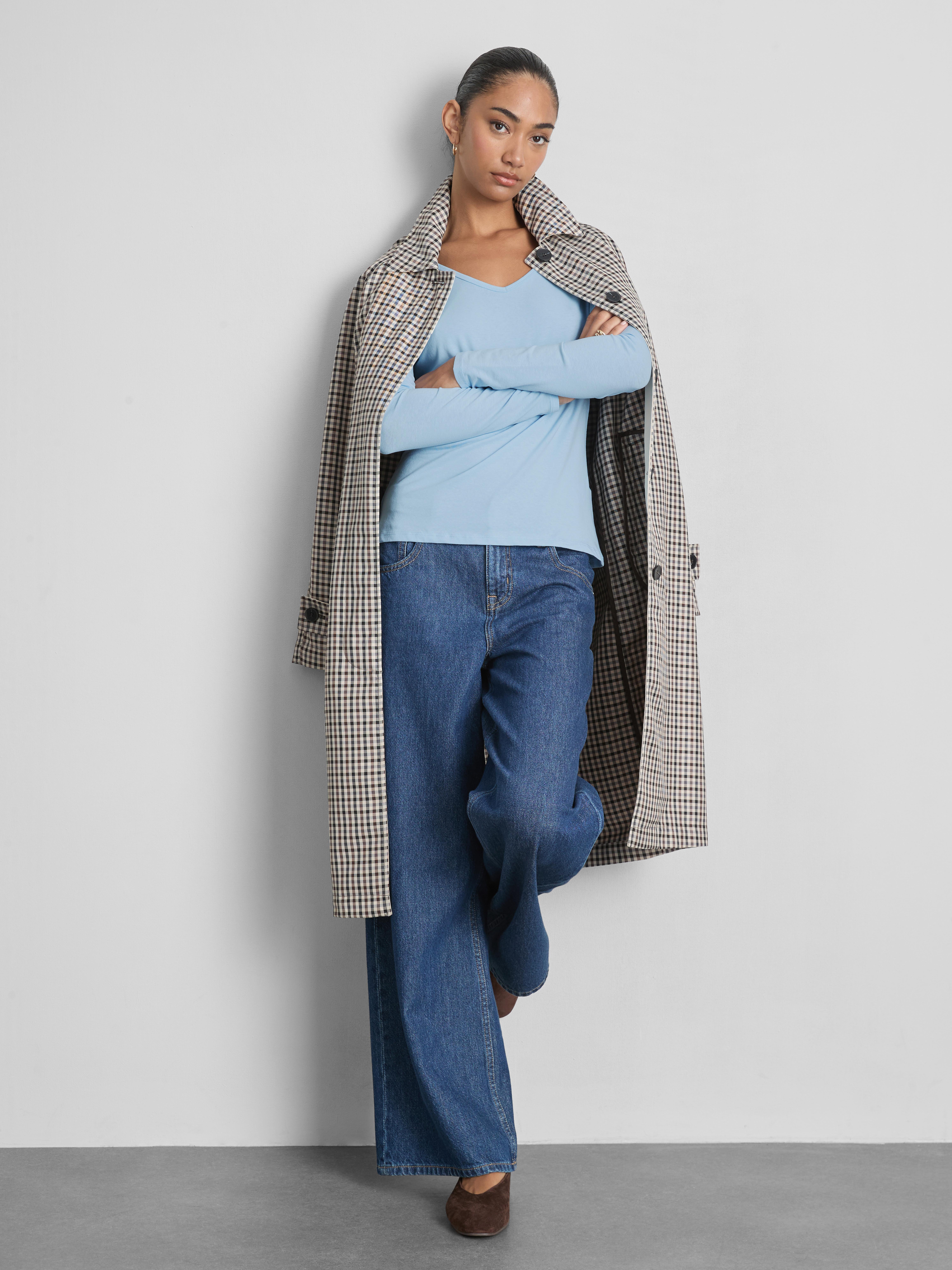 Cotton-Rich Long-Sleeve V-Neck Stretch Top - Light Blue