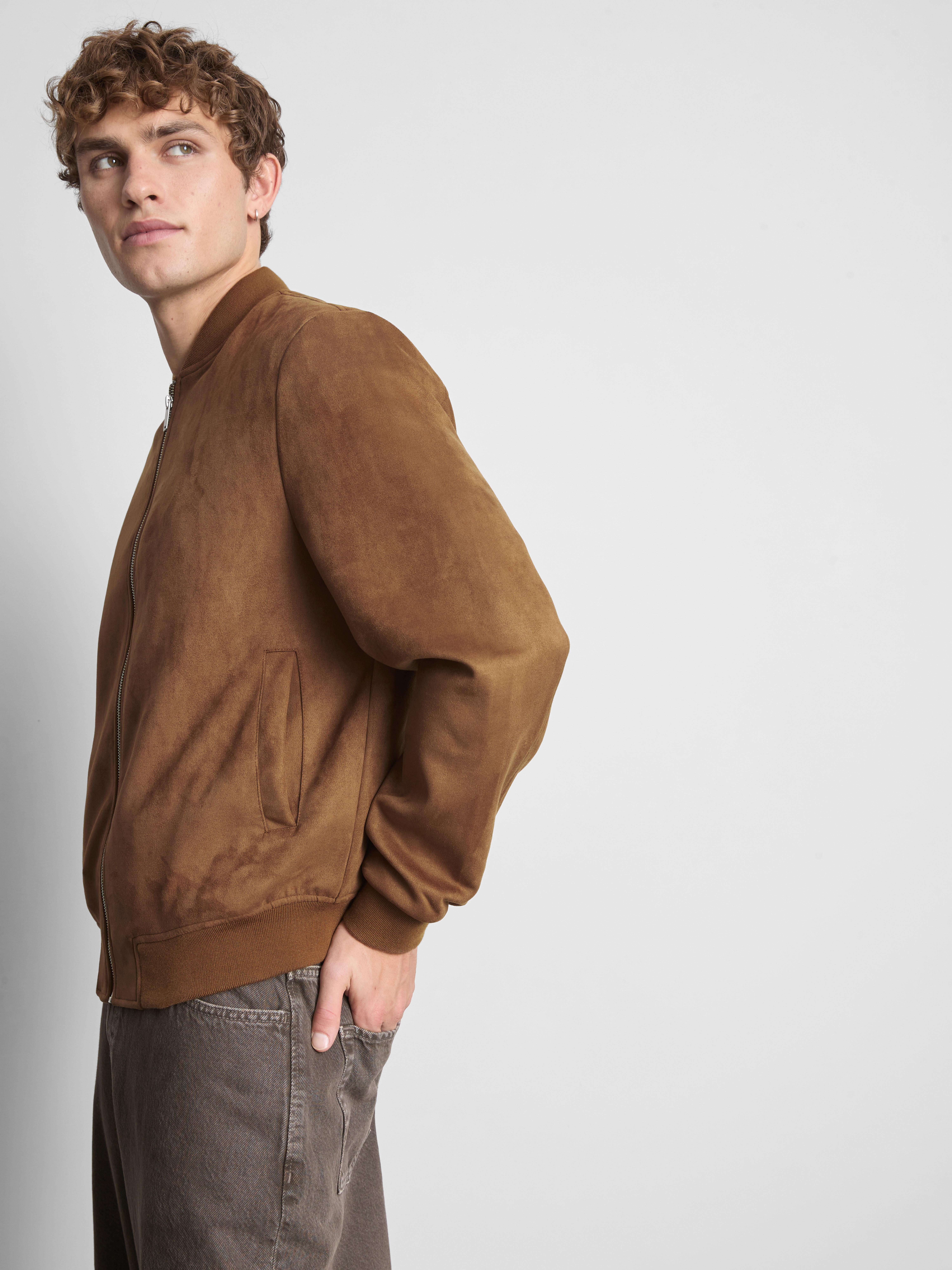 Faux Suede Zip-Up Bomber Jacket - Tobacco
