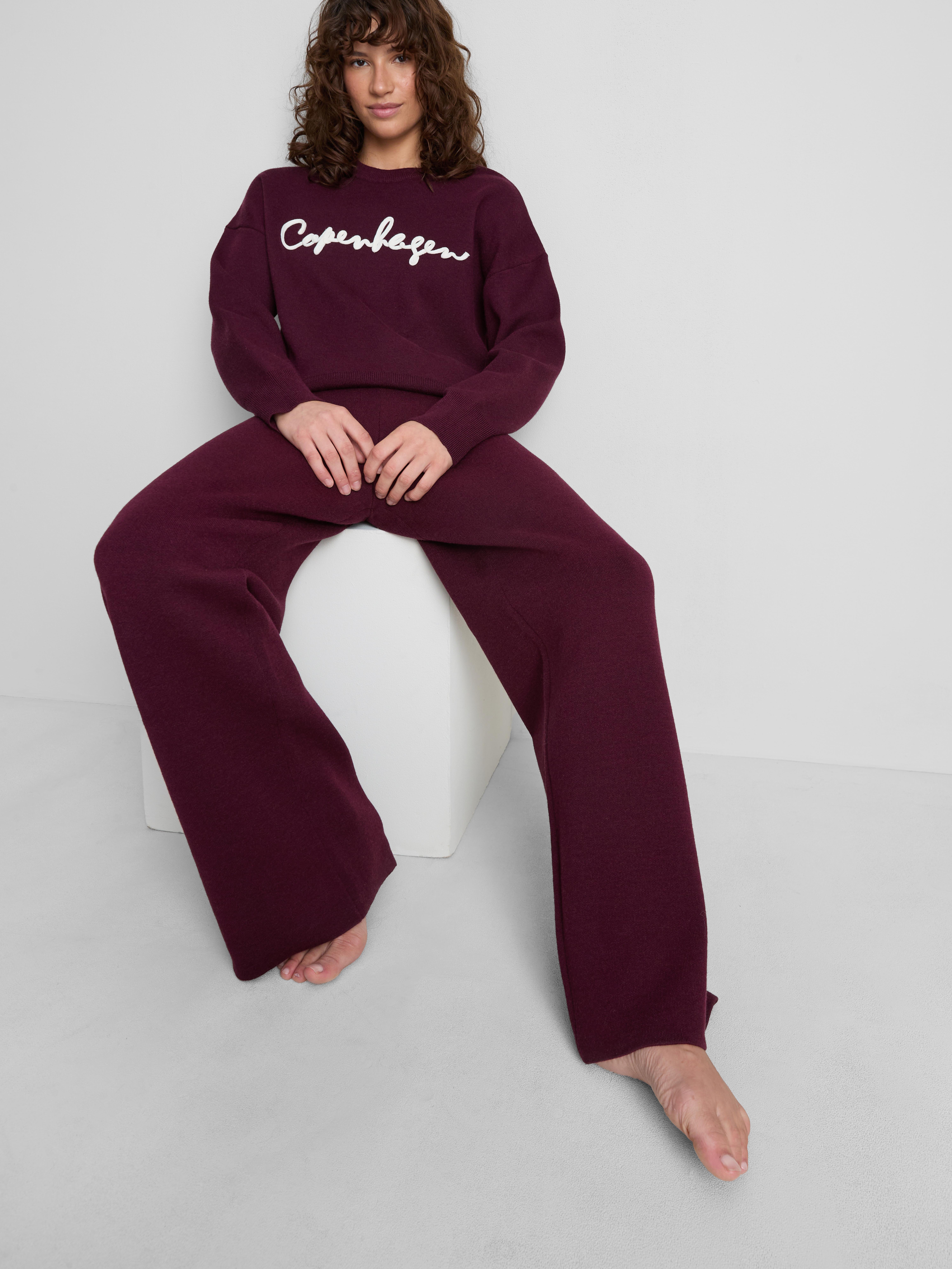 Compact Knit Wide Leg Leggings - Burgundy
