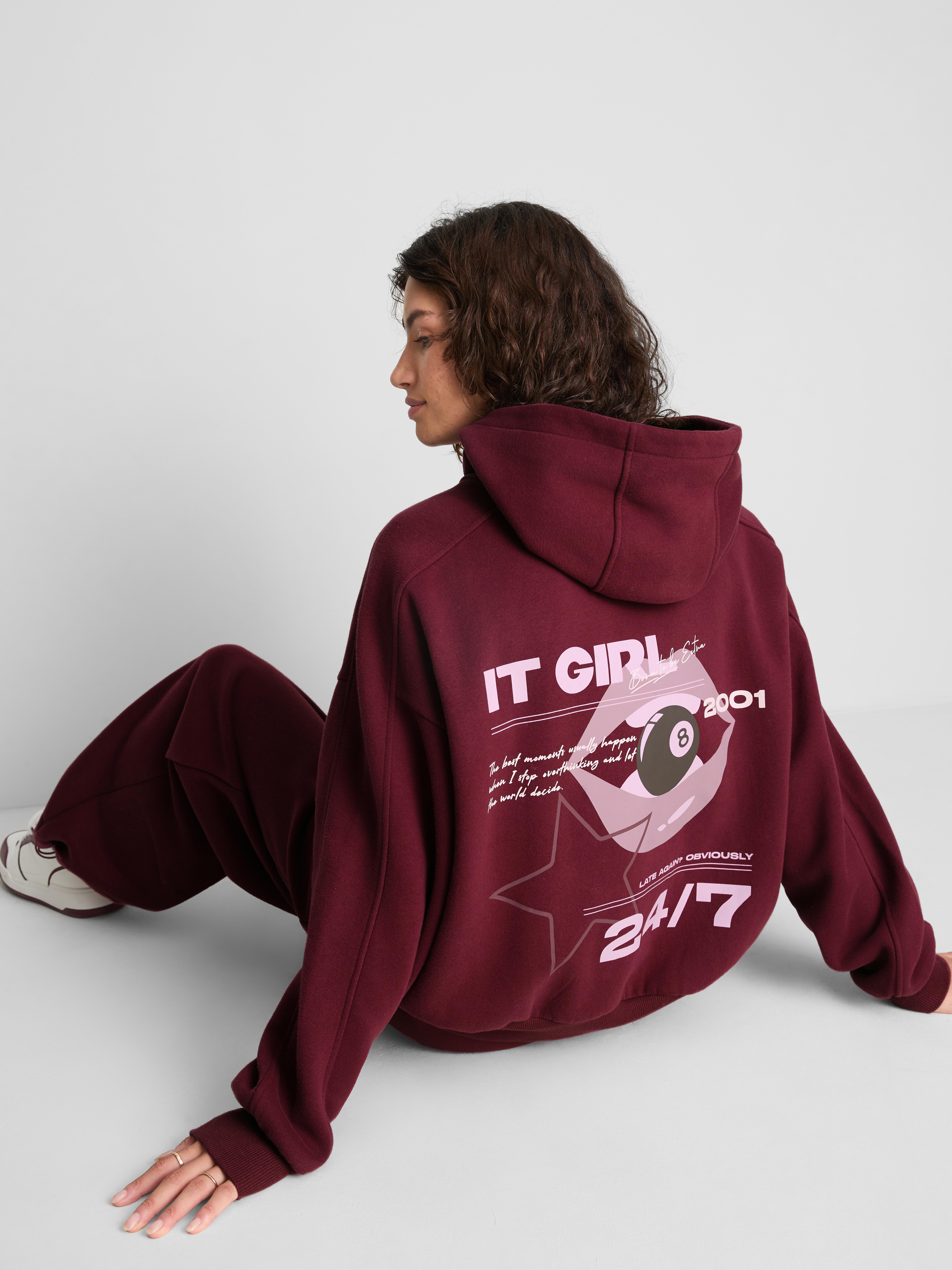 Cotton-Rich Slogan Hoodie - Wine