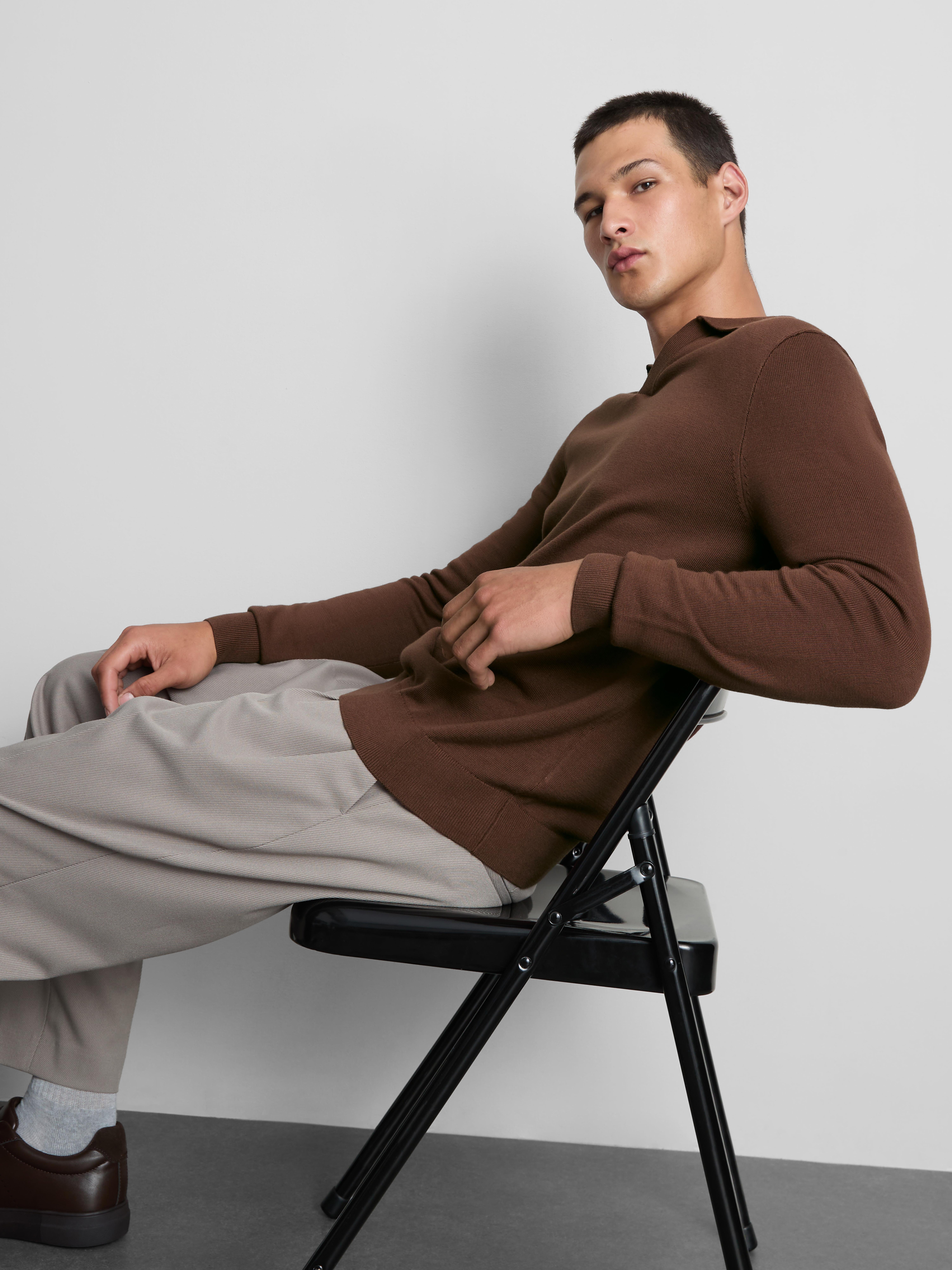 Knitted Long-Sleeve Polo Shirt - Dark Brown