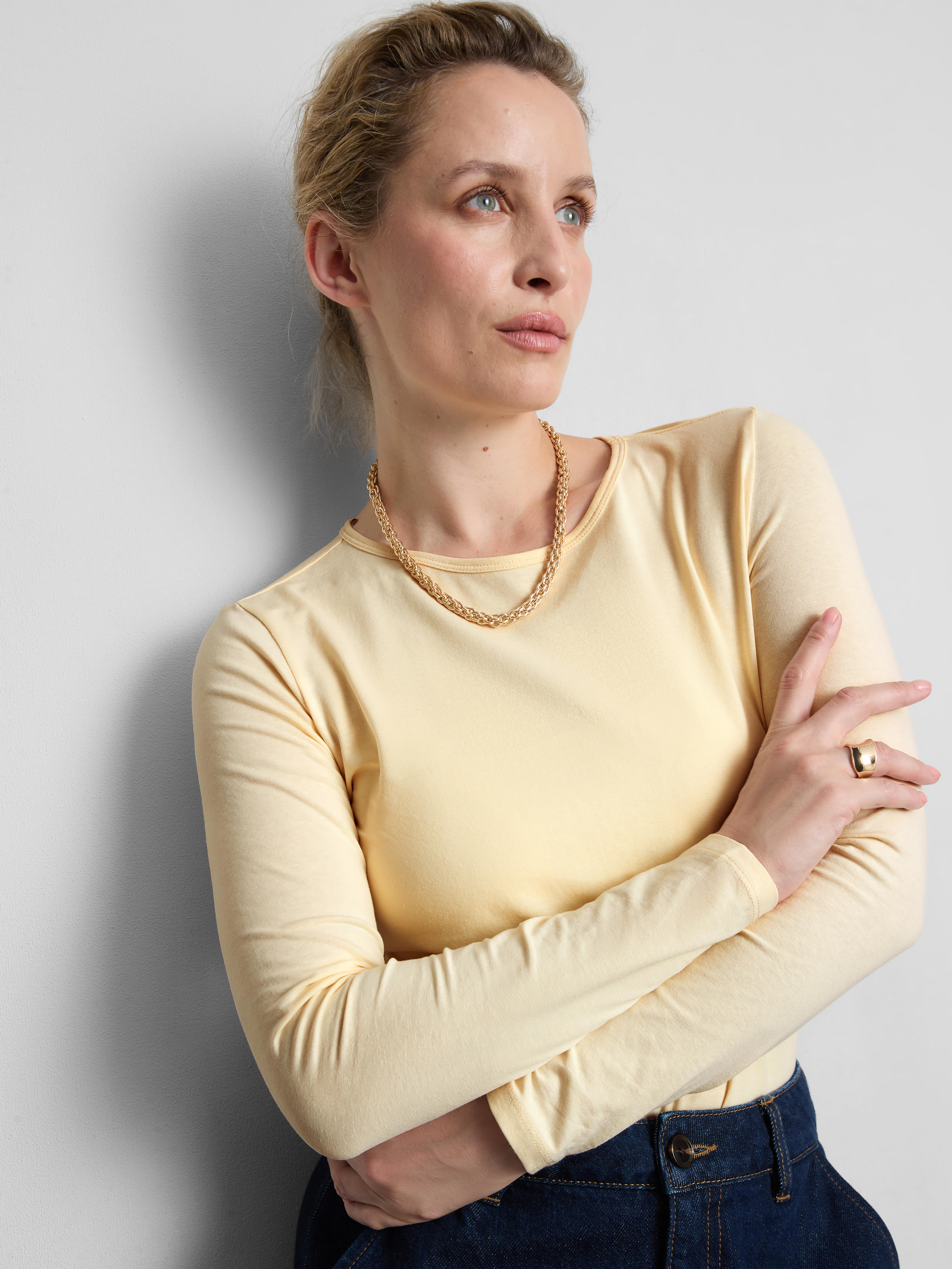 Cotton-Rich Stretch Long-Sleeve Crewneck Top - Cream