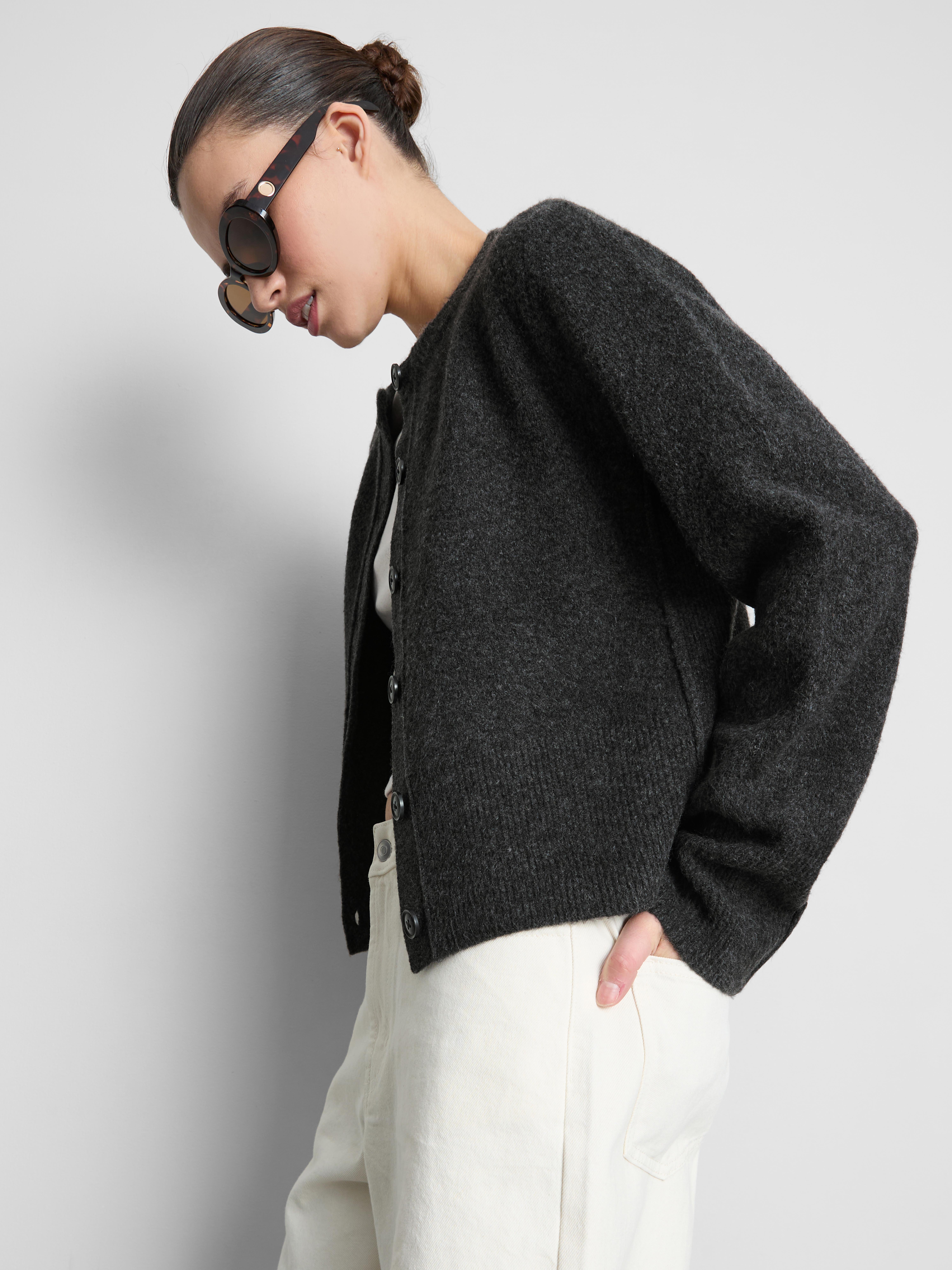 Relaxed Knitted Crew Neck Cardigan - Charcoal