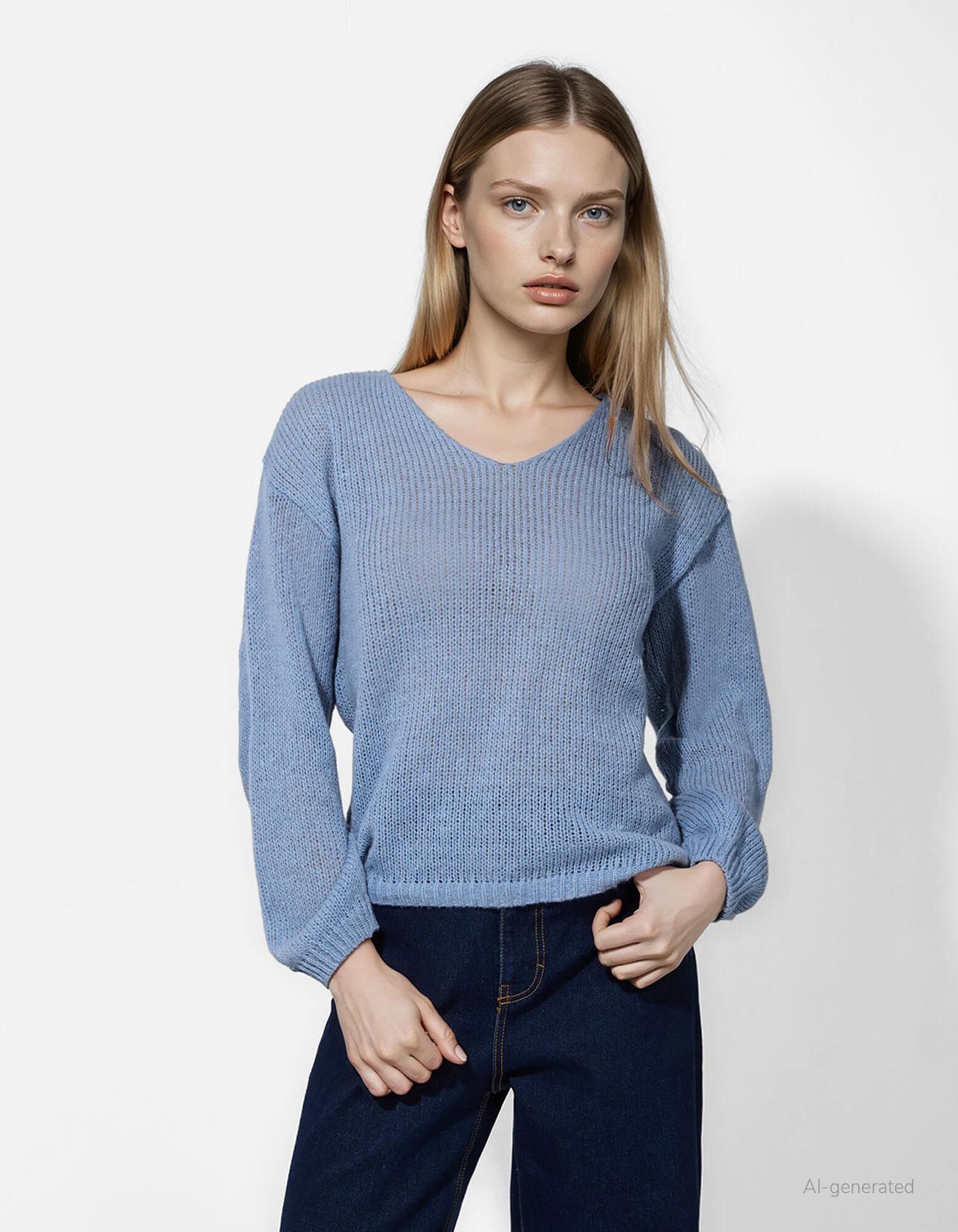 Trui - V-hals - blauw - blauw