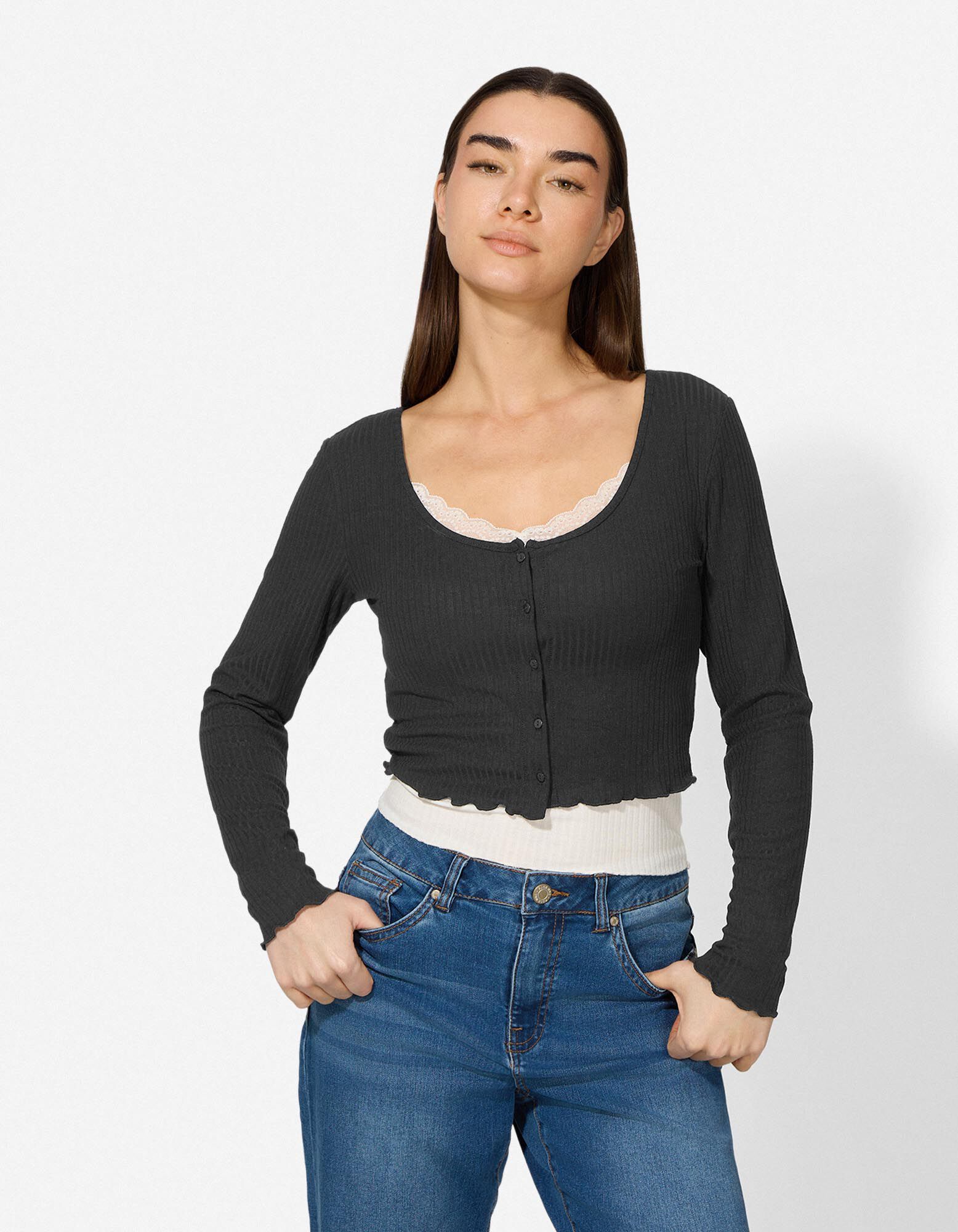 Longsleeve - Dubbellaagse look - Zwart - Zwart