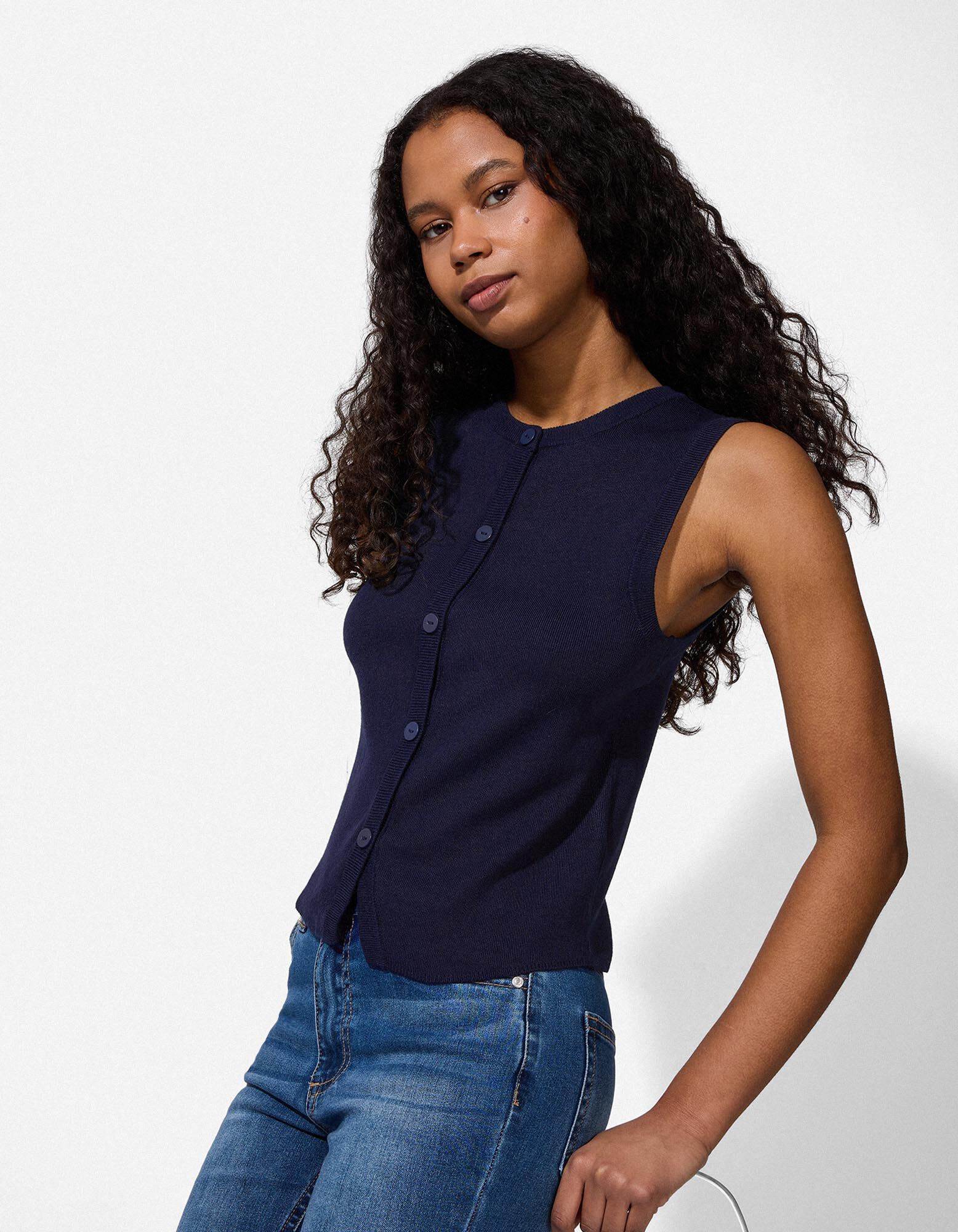 Gebreide top - Knoopsluiting - Donkerblauw - Donkerblauw