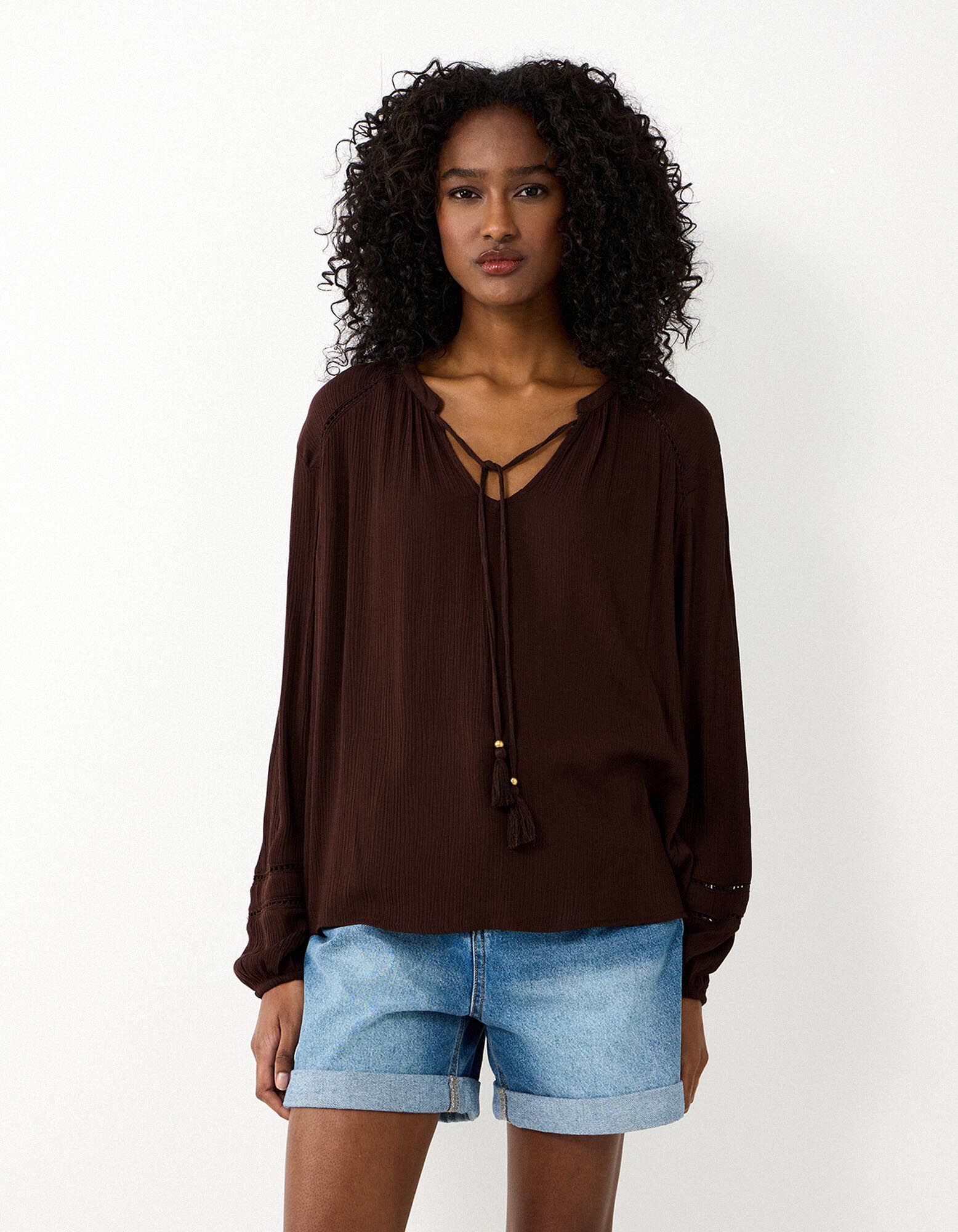 Blouse - Effen - Donkerbruin - Donkerbruin