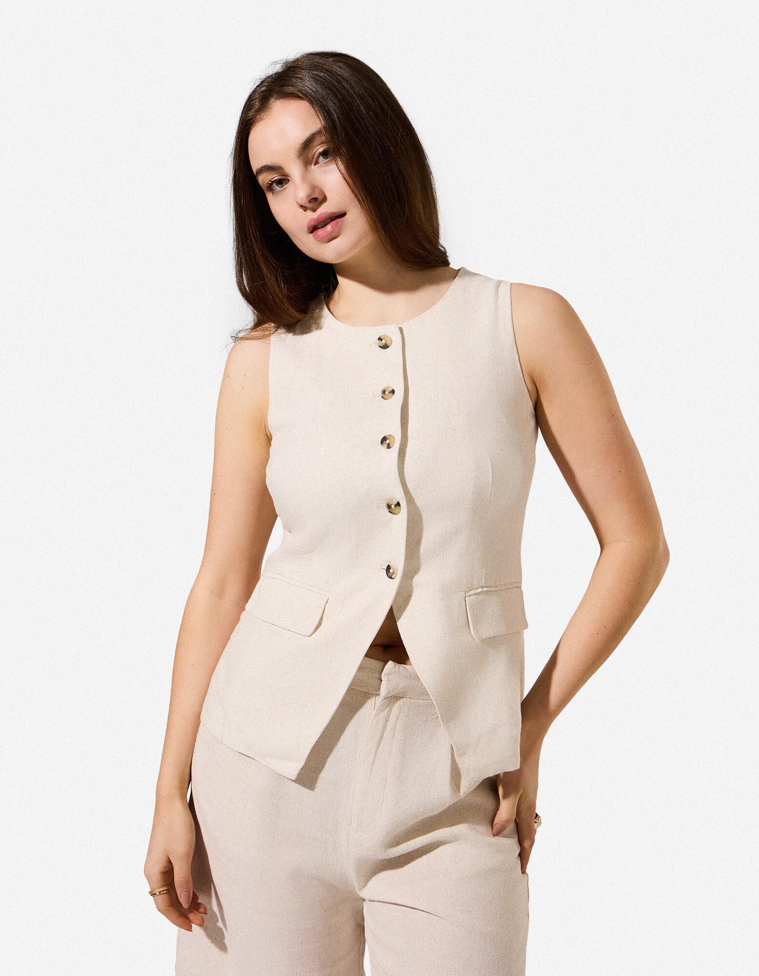 Gilet - Linnenlook - Beige - Beige