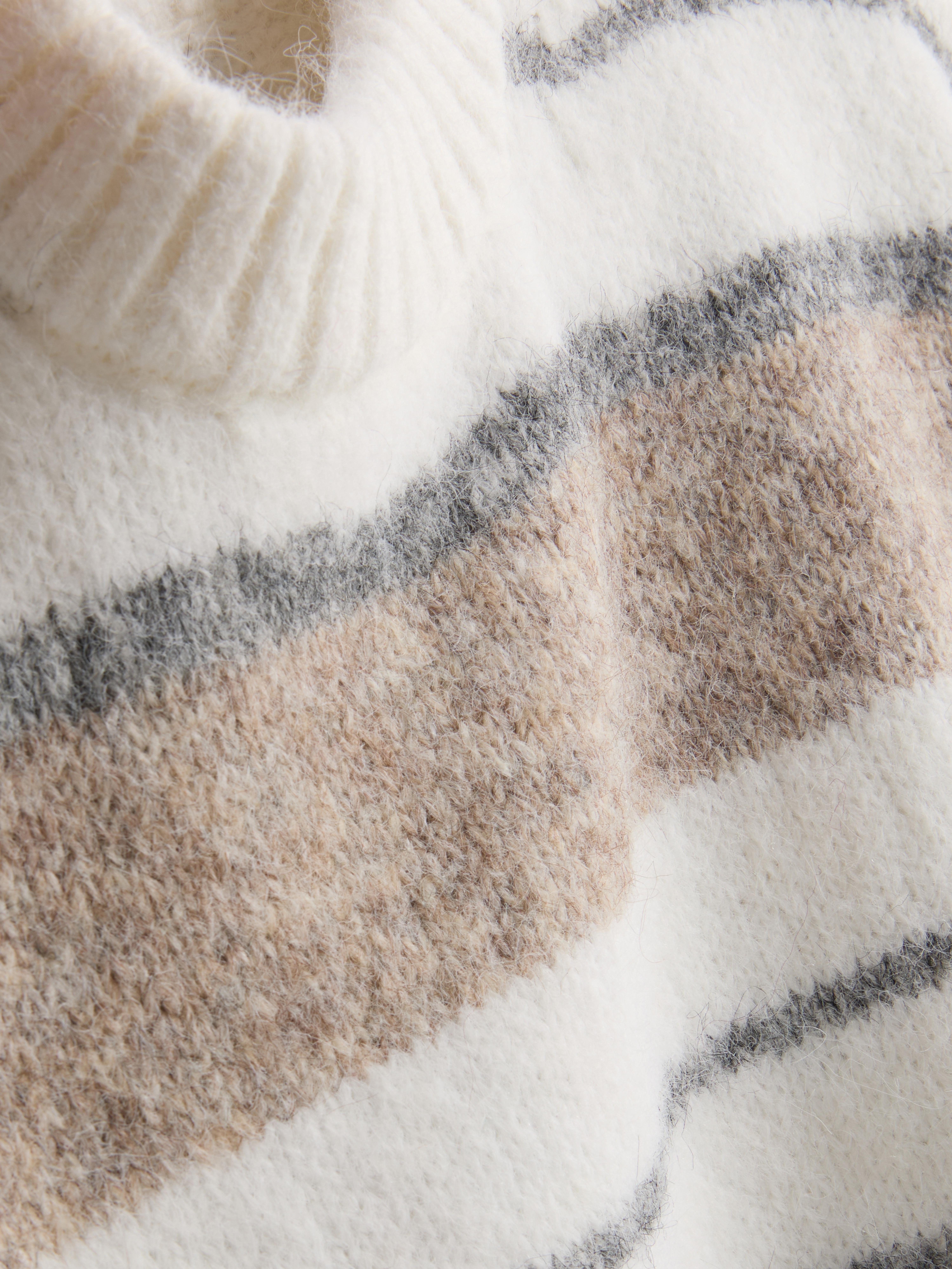 Knitted Fluffy Stripe Crew Neck Sweater - Ivory