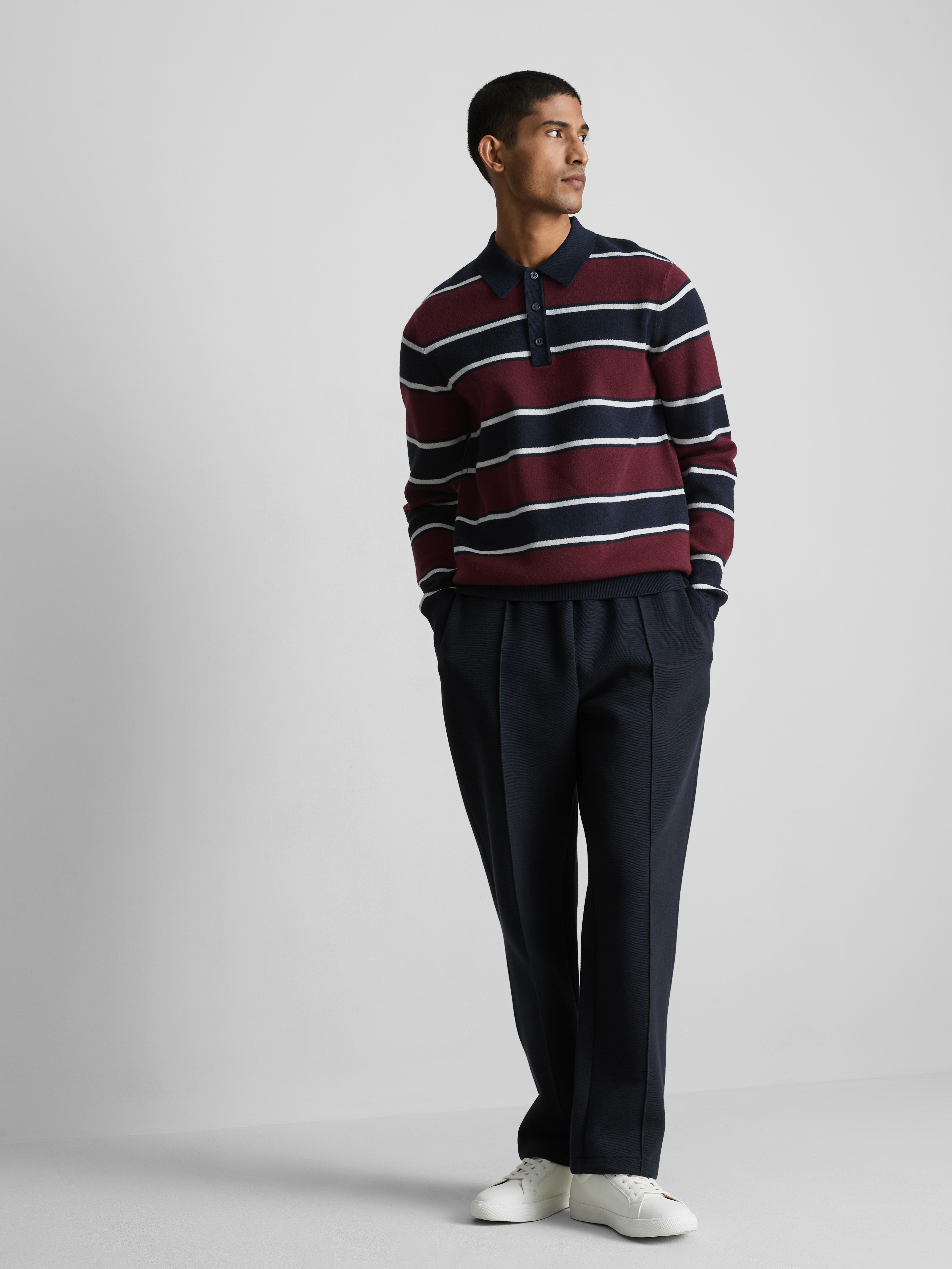 Stripe Knitted Collared Sweater - Navy