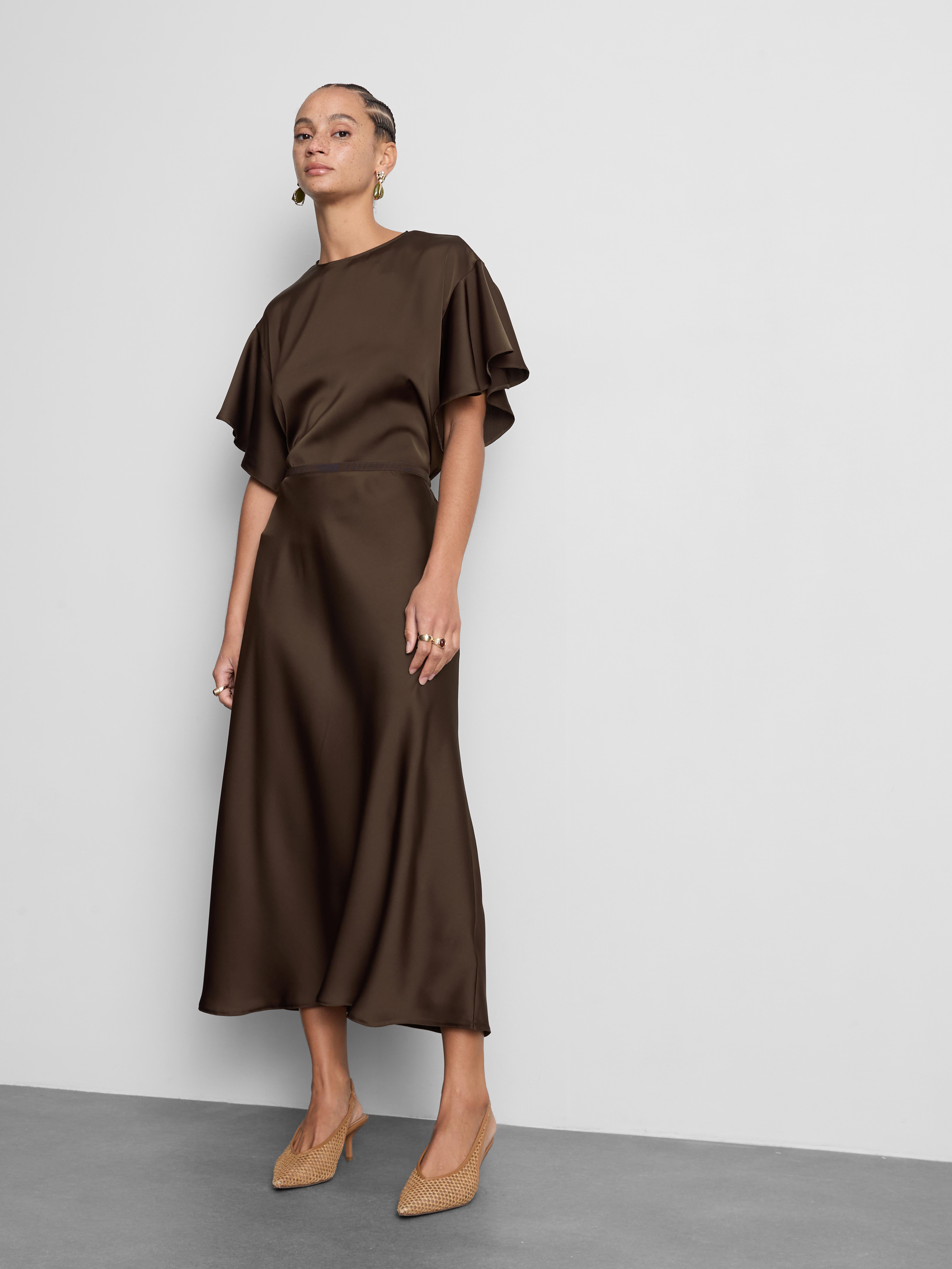 Satin Circle Midi Skirt - Chocolate