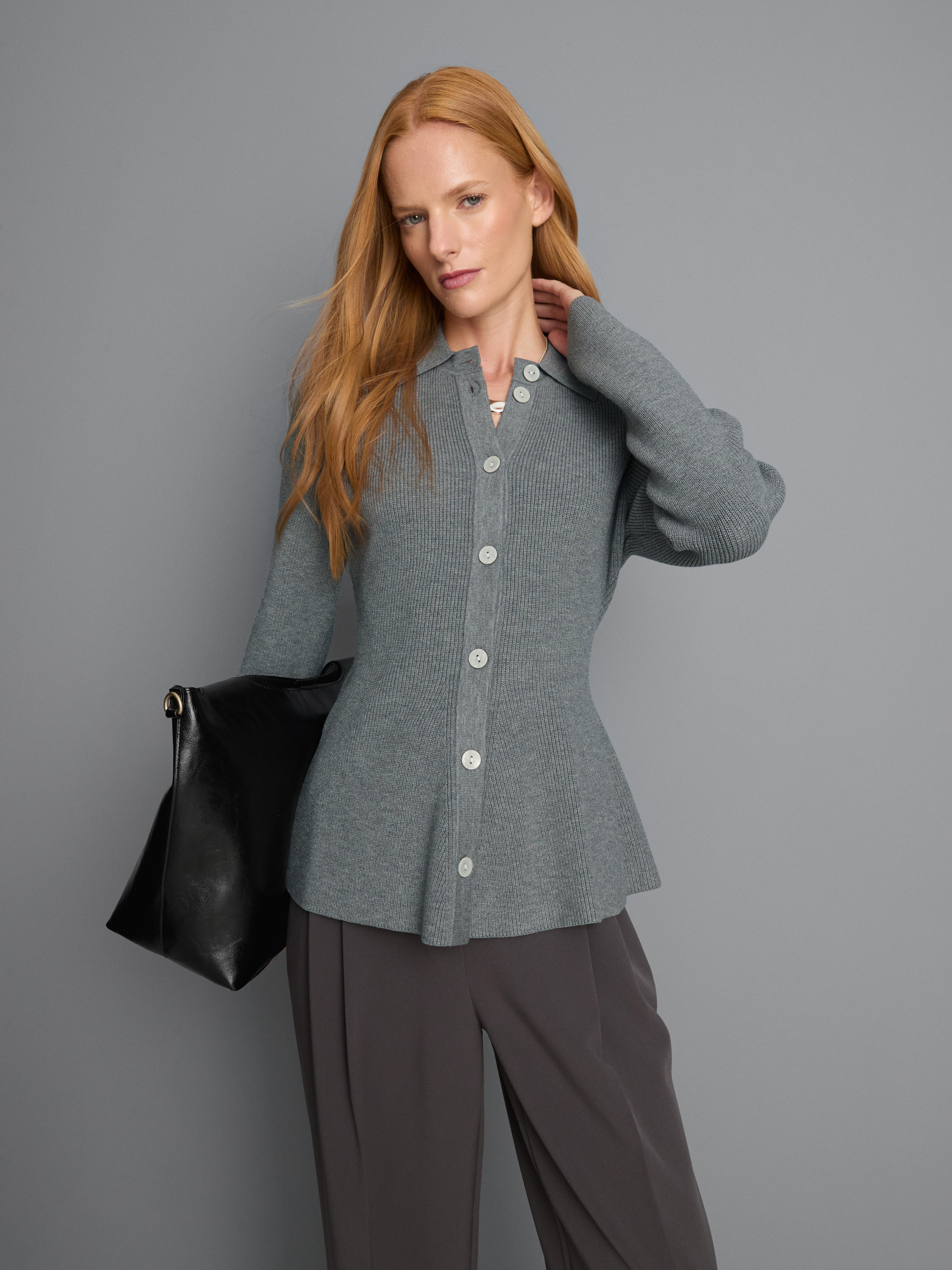 Knitted Peplum Cardigan - Dark Gray