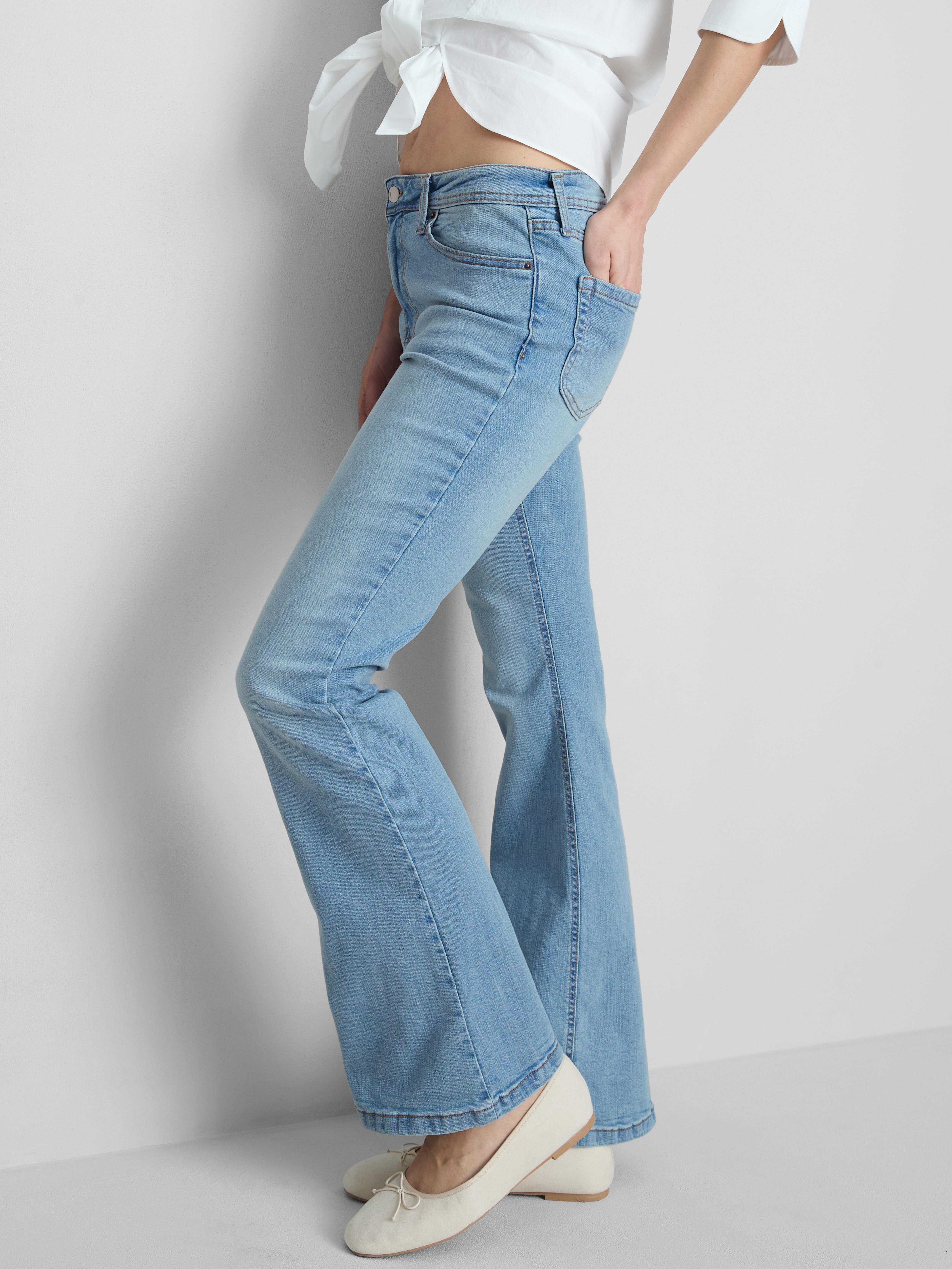 Cotton Denim Flared Mid-Rise Jeans - Light Blue