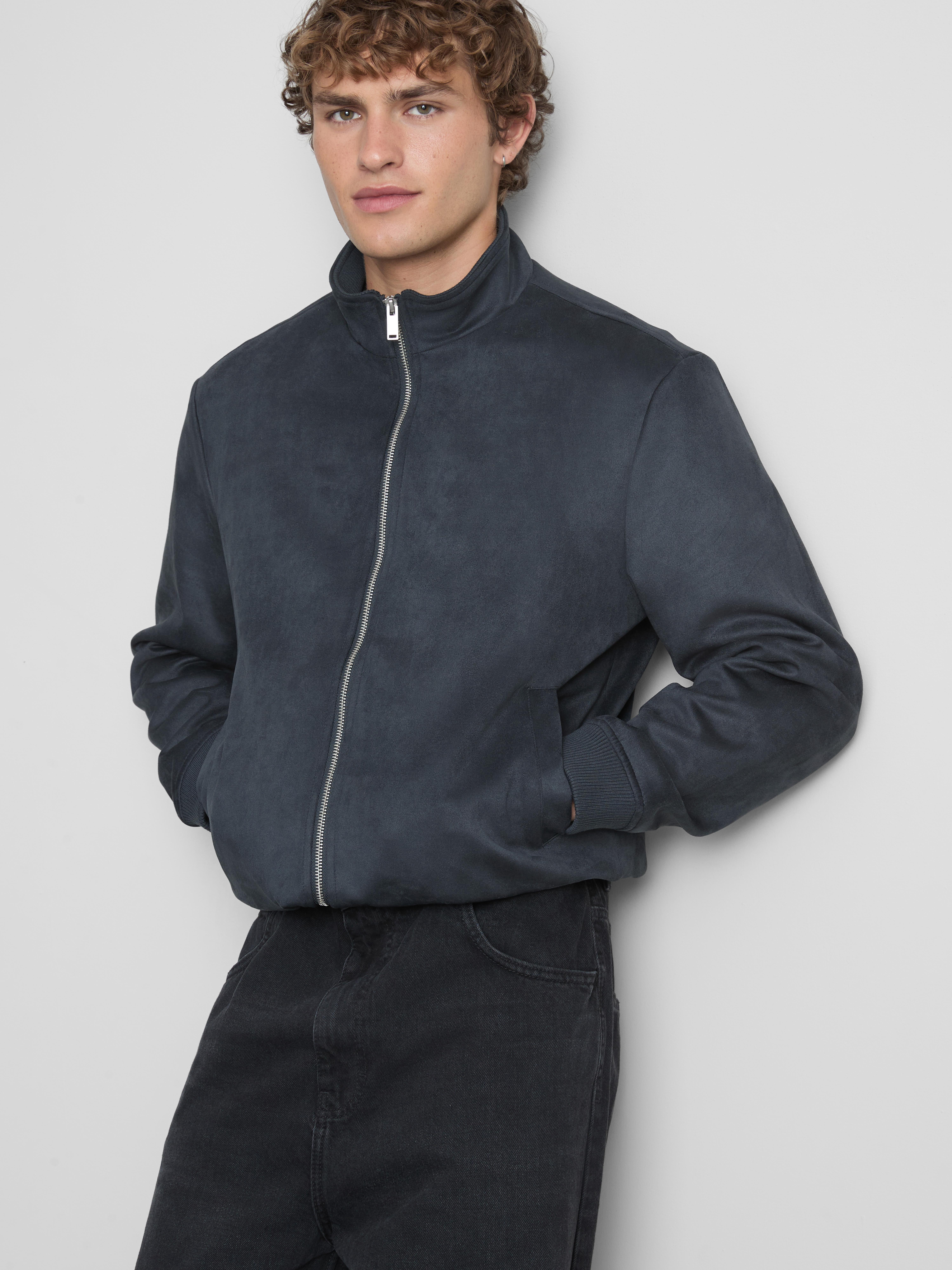 Faux Suede Bomber Jacket - Indigo