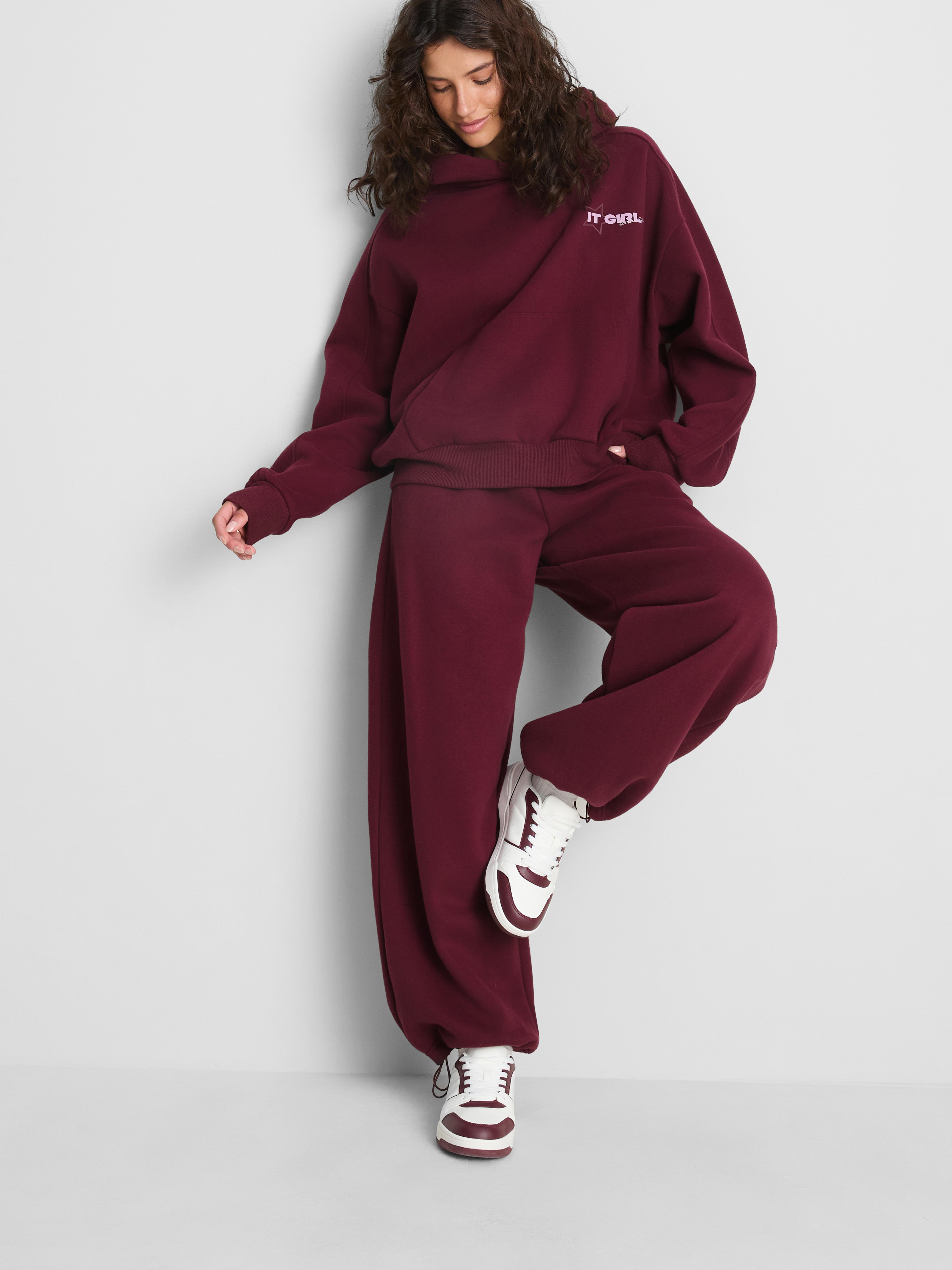 Cotton-Rich Slogan Hoodie - Wine