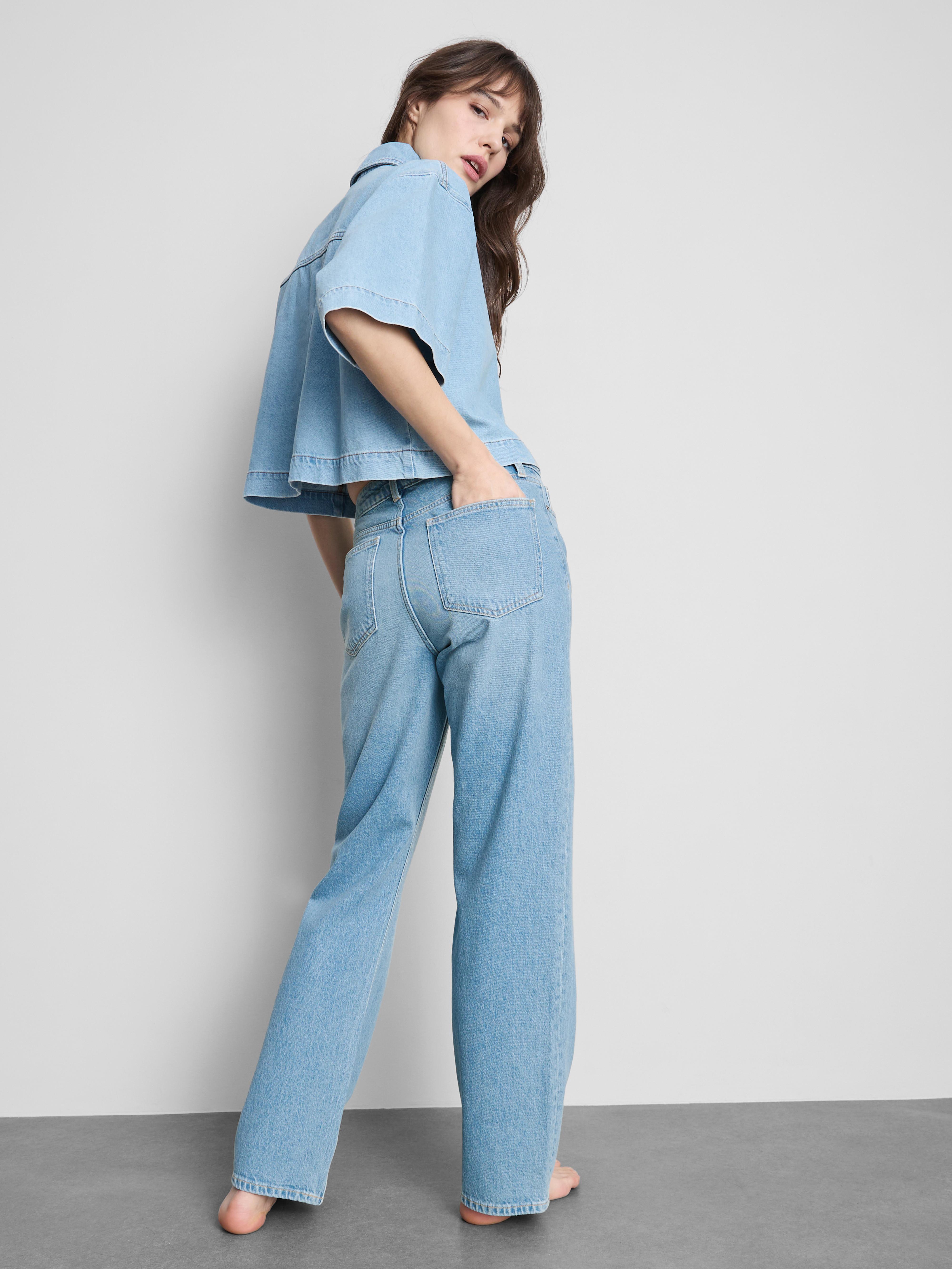 Cotton Denim Straight Leg Jeans - Blue