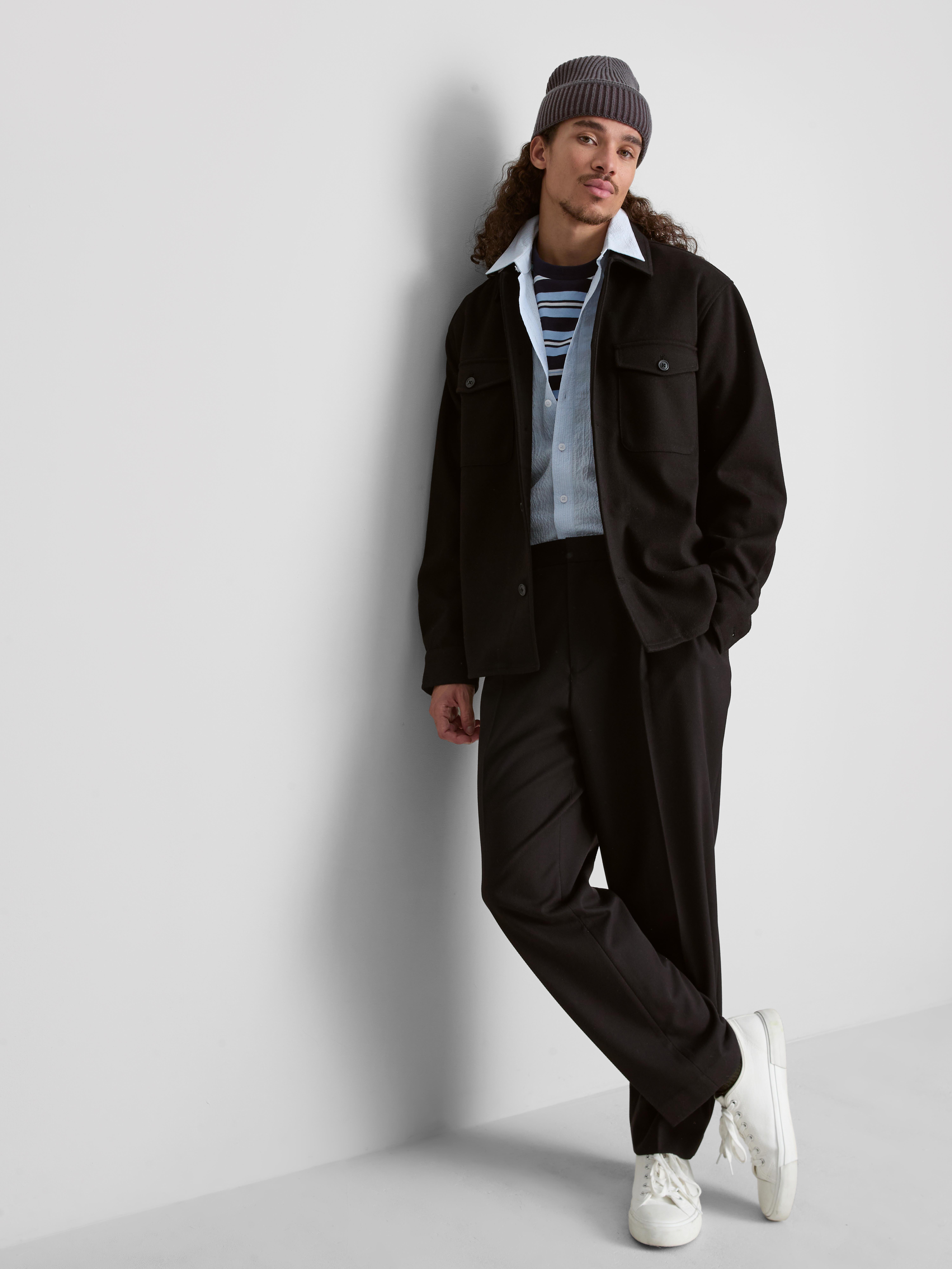 Button-Down Twill Overshirt With Chest Pockets - Black