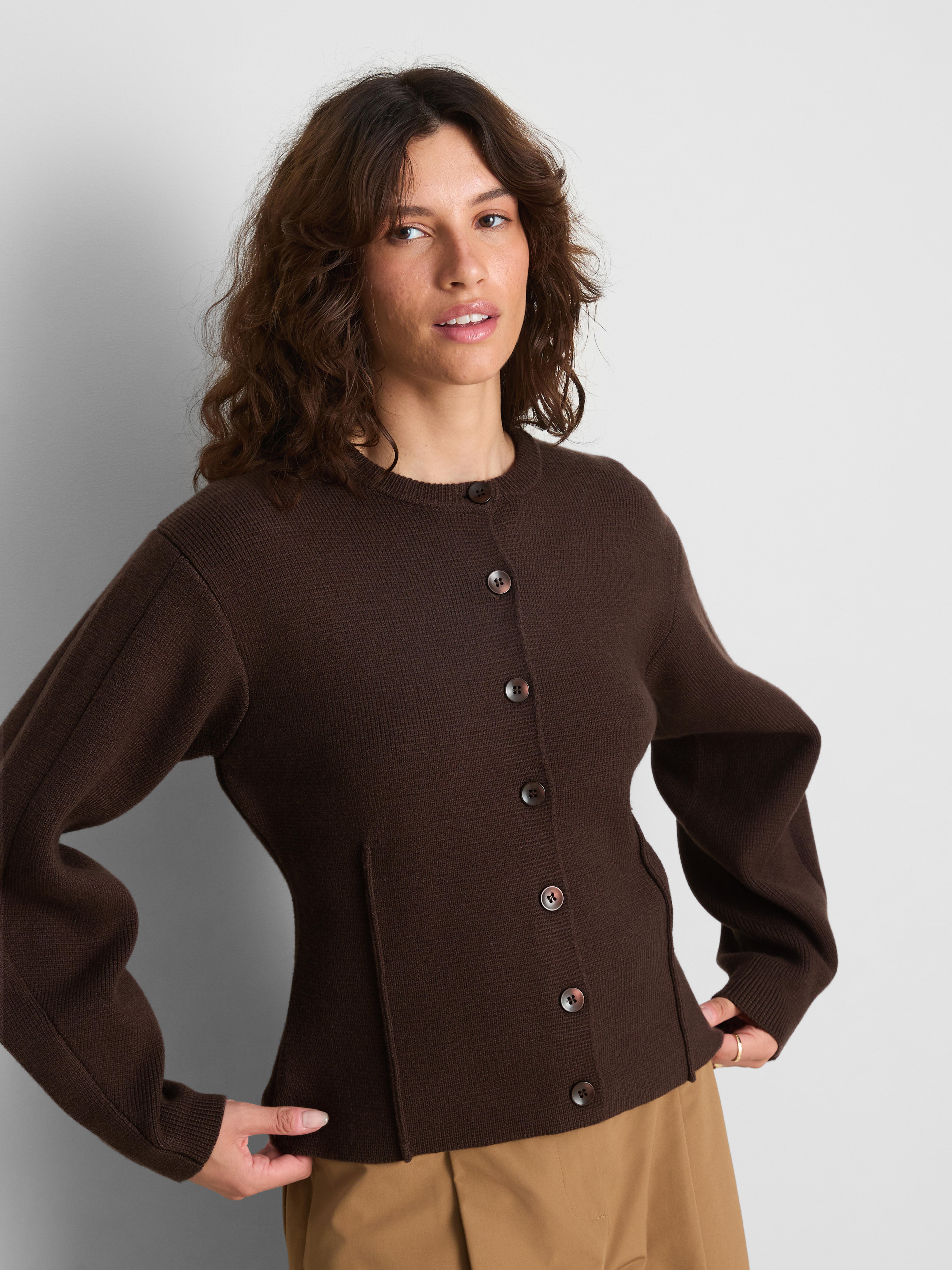 Sculpted Roundneck Cardigan - Brown