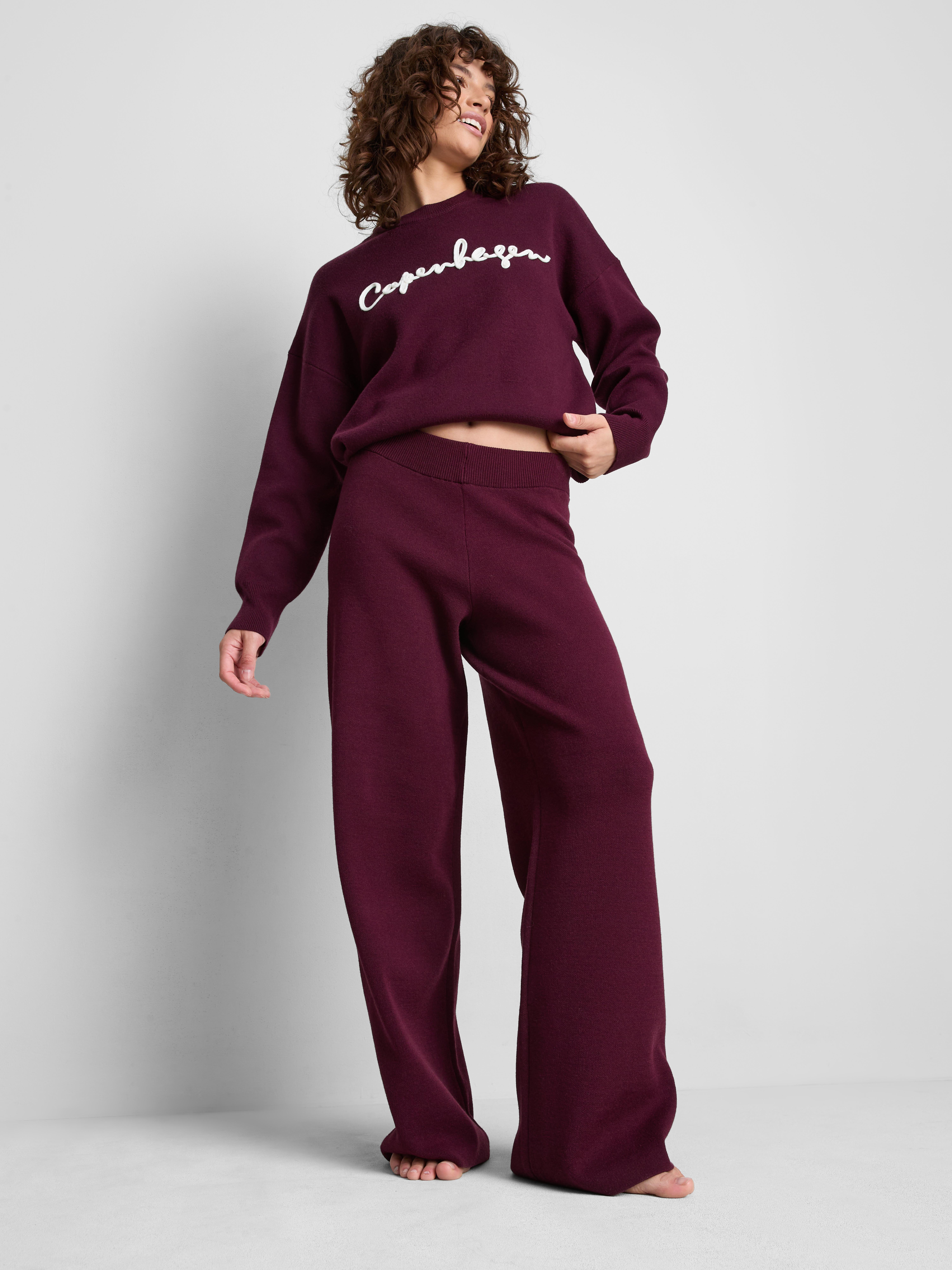 Compact Knit Wide Leg Leggings - Burgundy