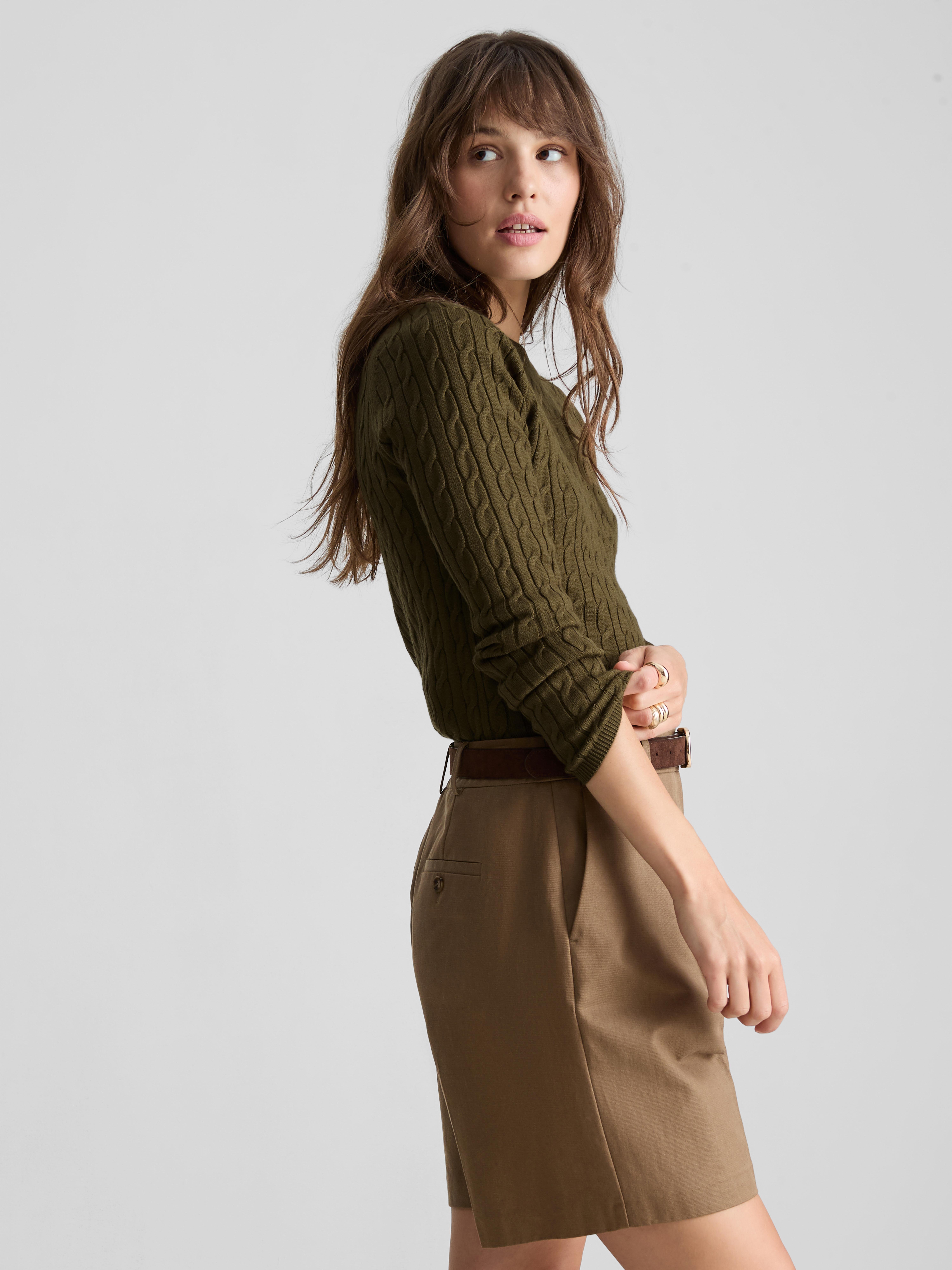 Cable Knit Crew Neck Sweater - Olive