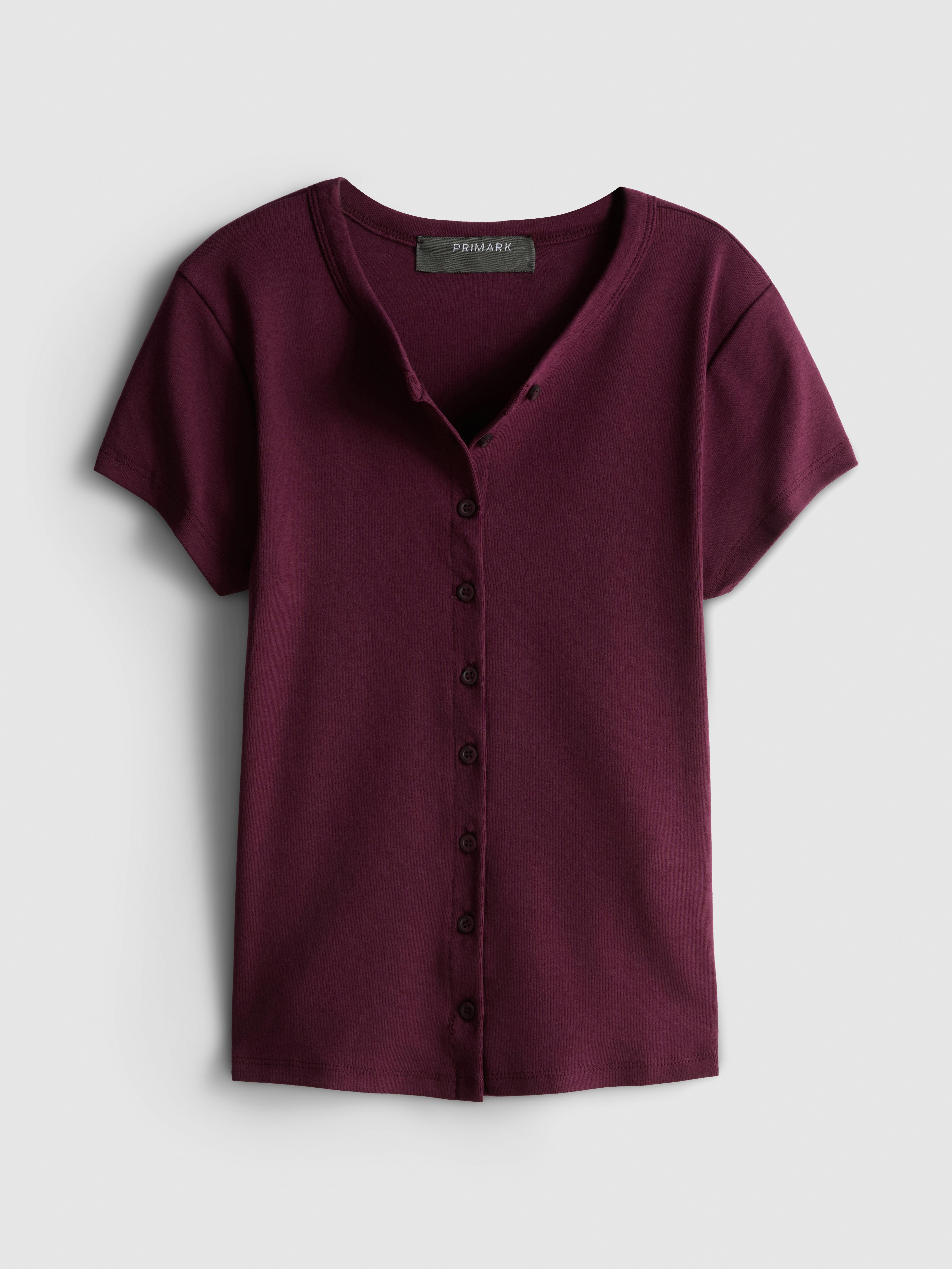 Cotton Rich Button-Up T-Shirt - Burgundy