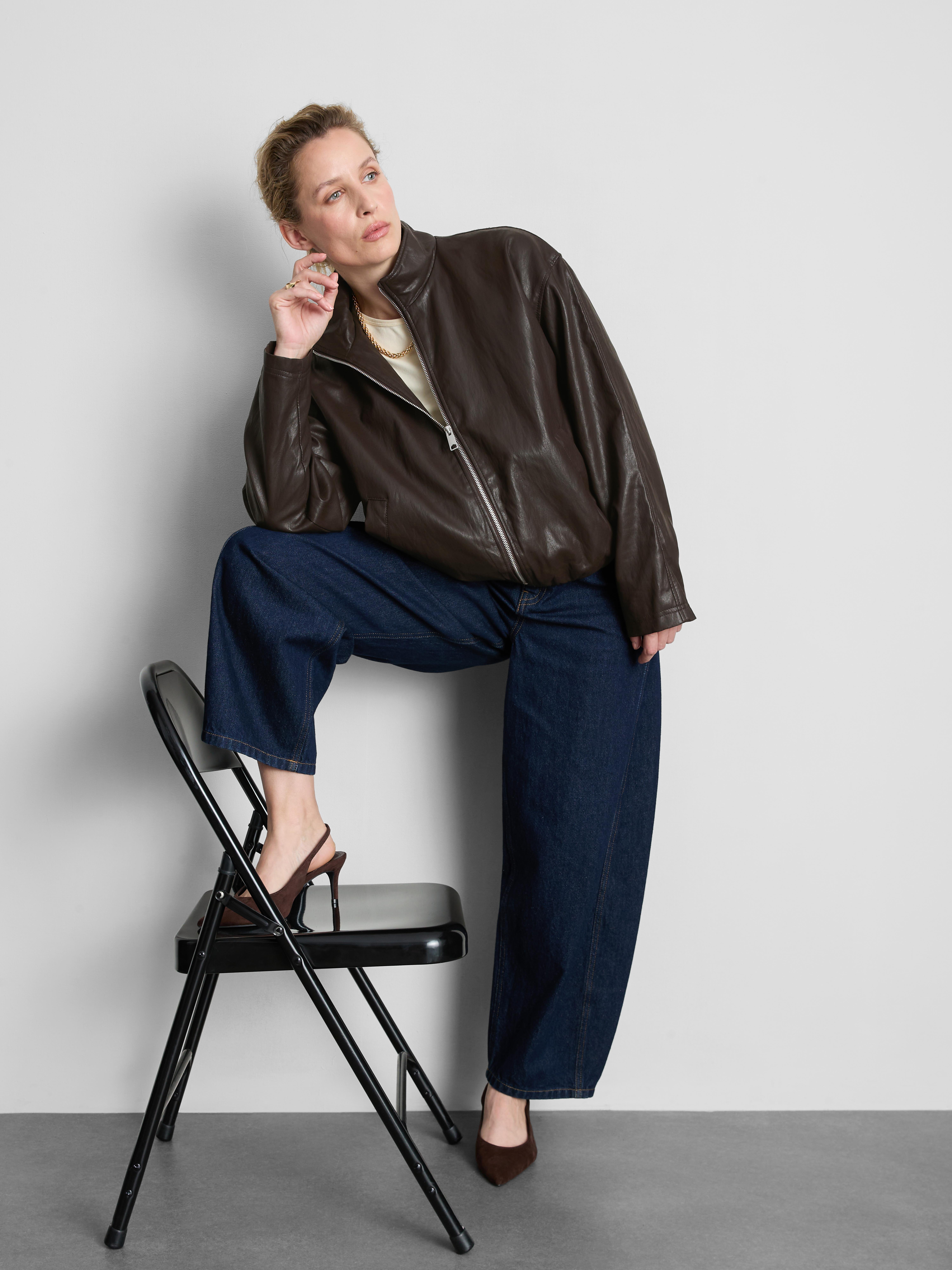 Faux Leather Funnel Jacket - Dark Brown