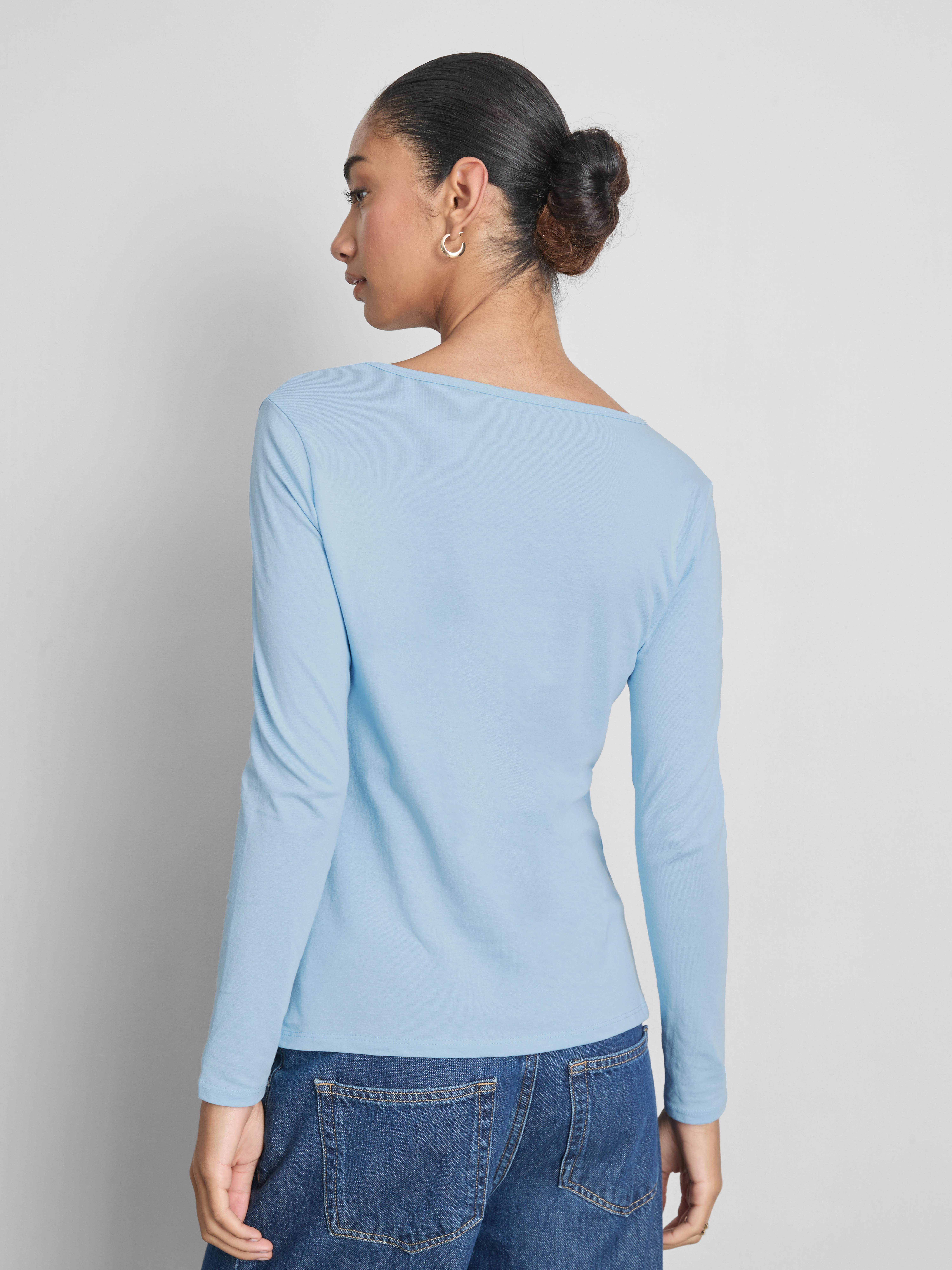 Cotton-Rich Long-Sleeve V-Neck Stretch Top - Light Blue