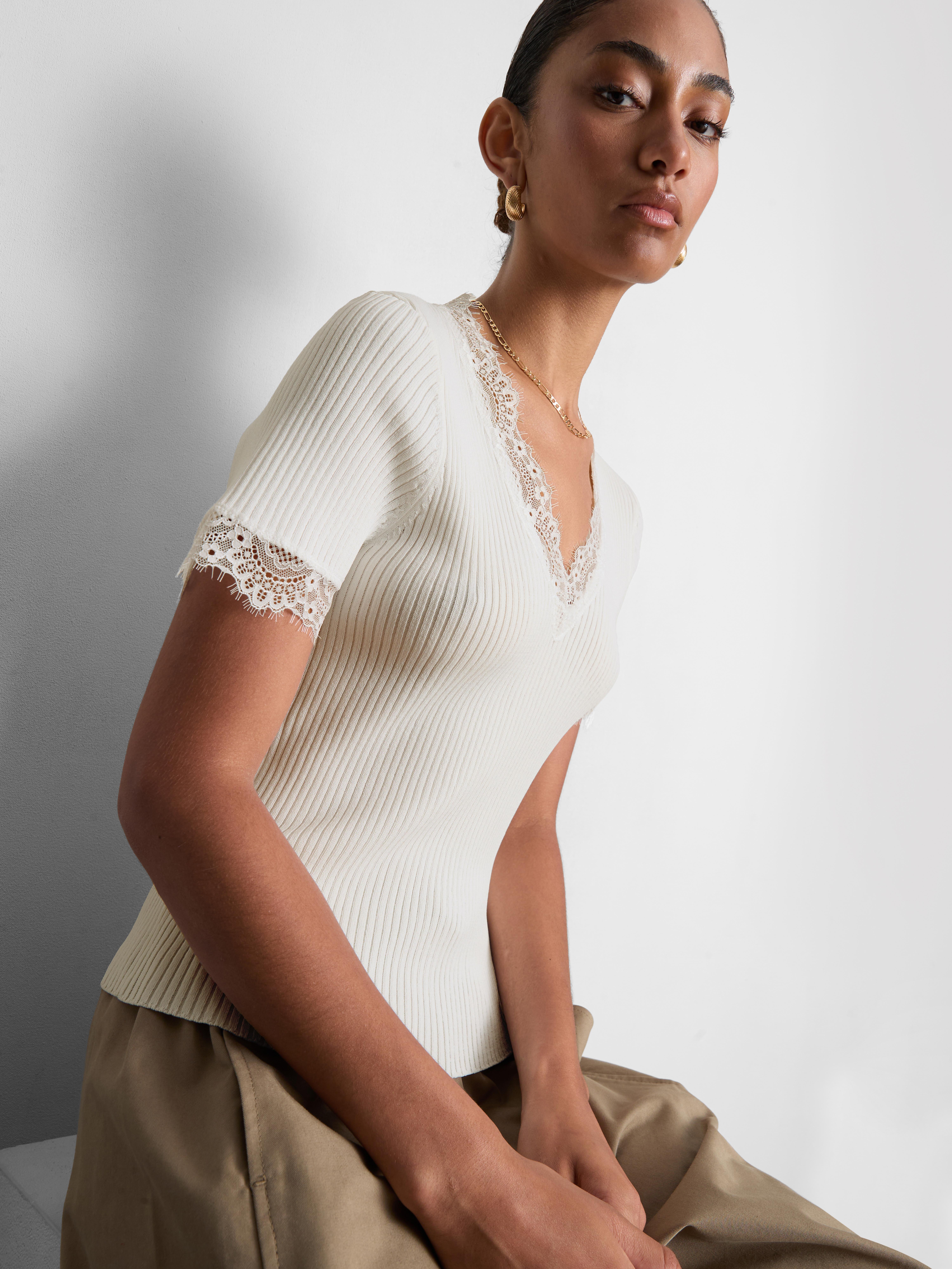 Ribbed Lace-Trim Tee - Ivory