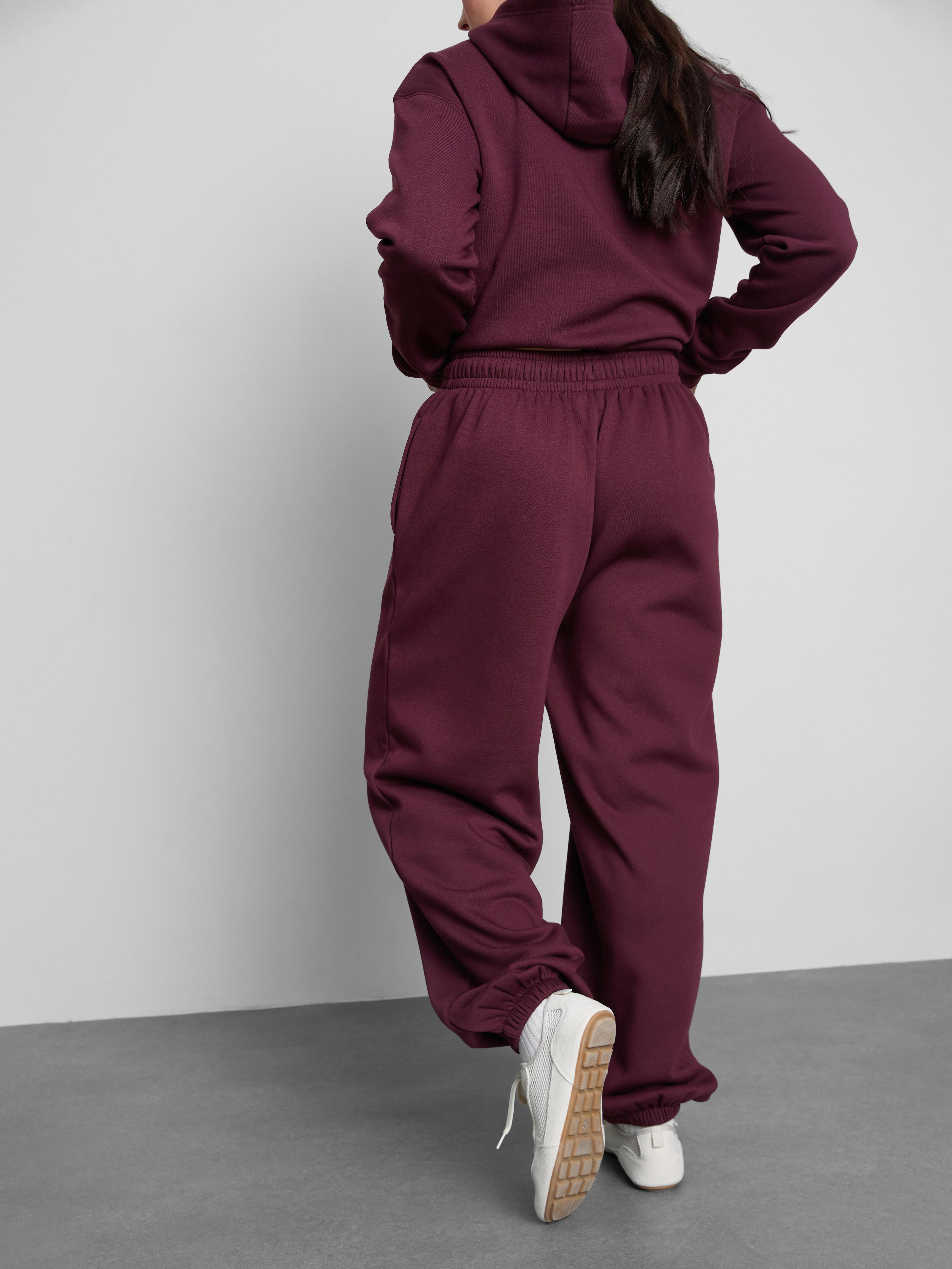 Cotton Blend Cuffed Joggers - Burgundy