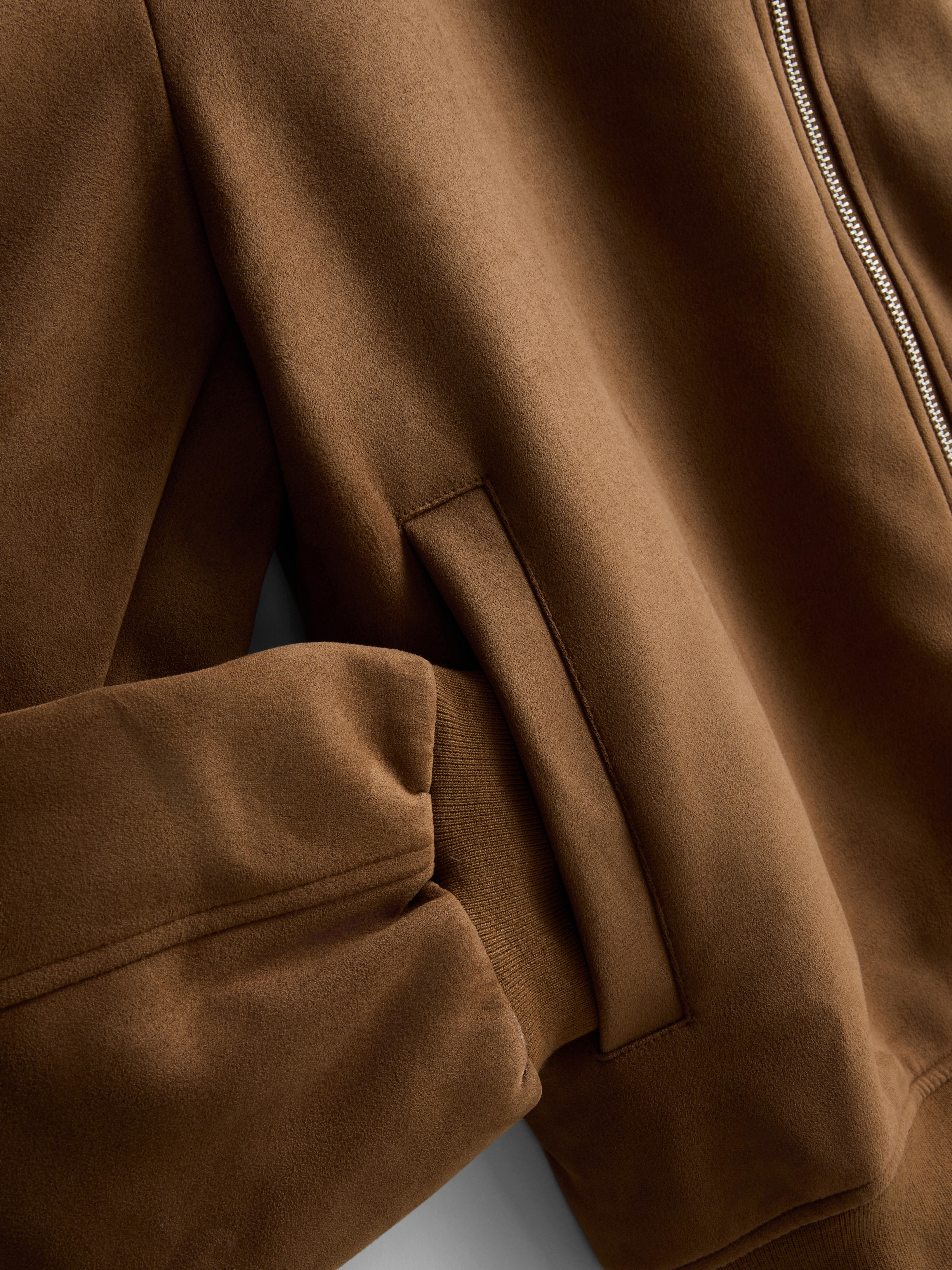 Faux Suede Zip-Up Bomber Jacket - Tobacco
