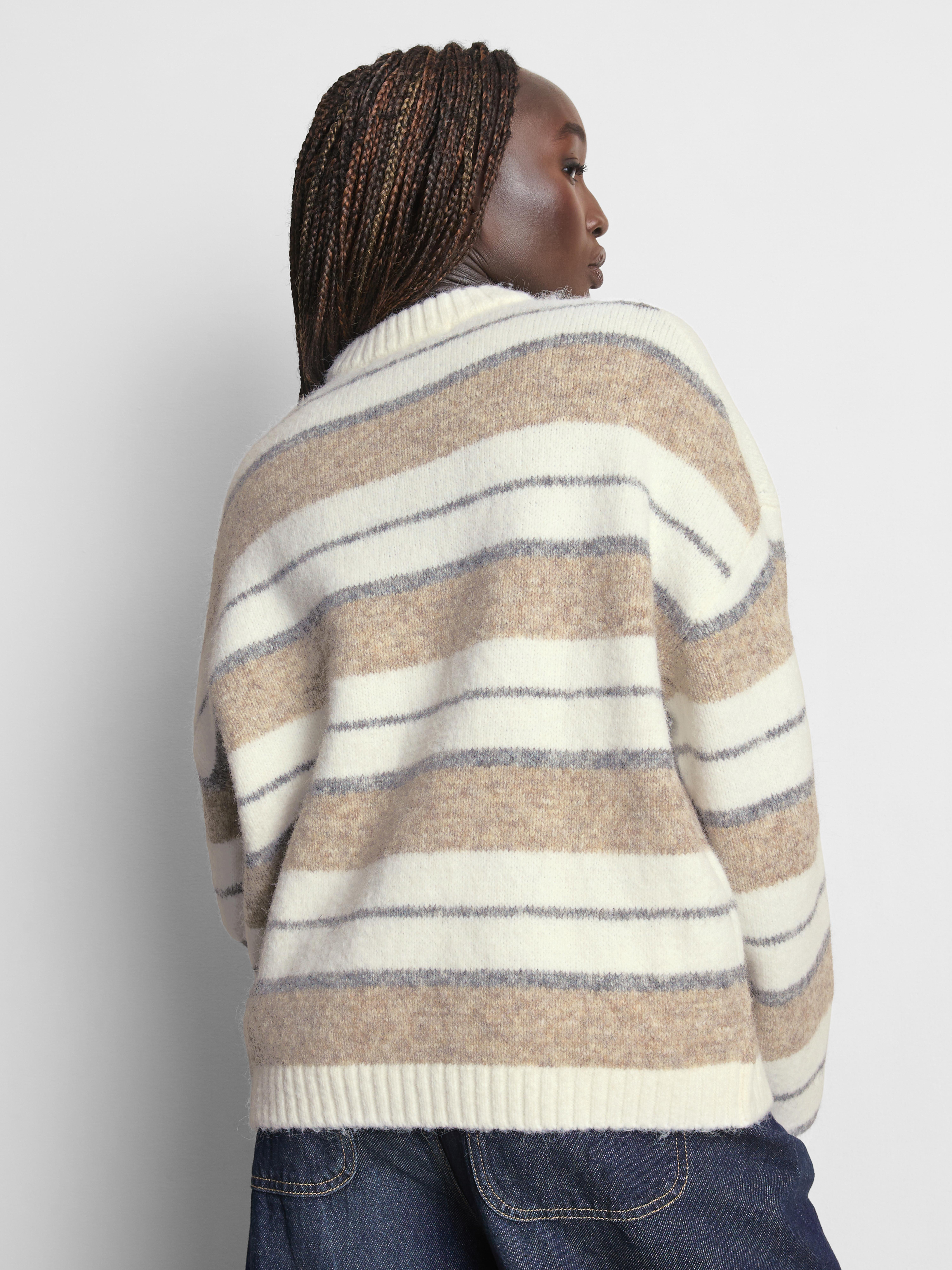 Knitted Fluffy Stripe Crew Neck Sweater - Ivory